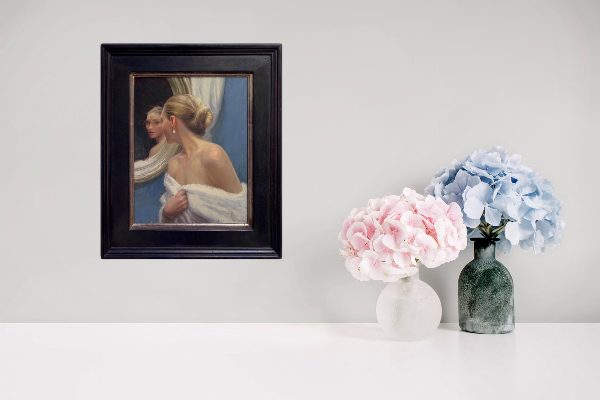 A painting of a woman looking at herself in the mirror.