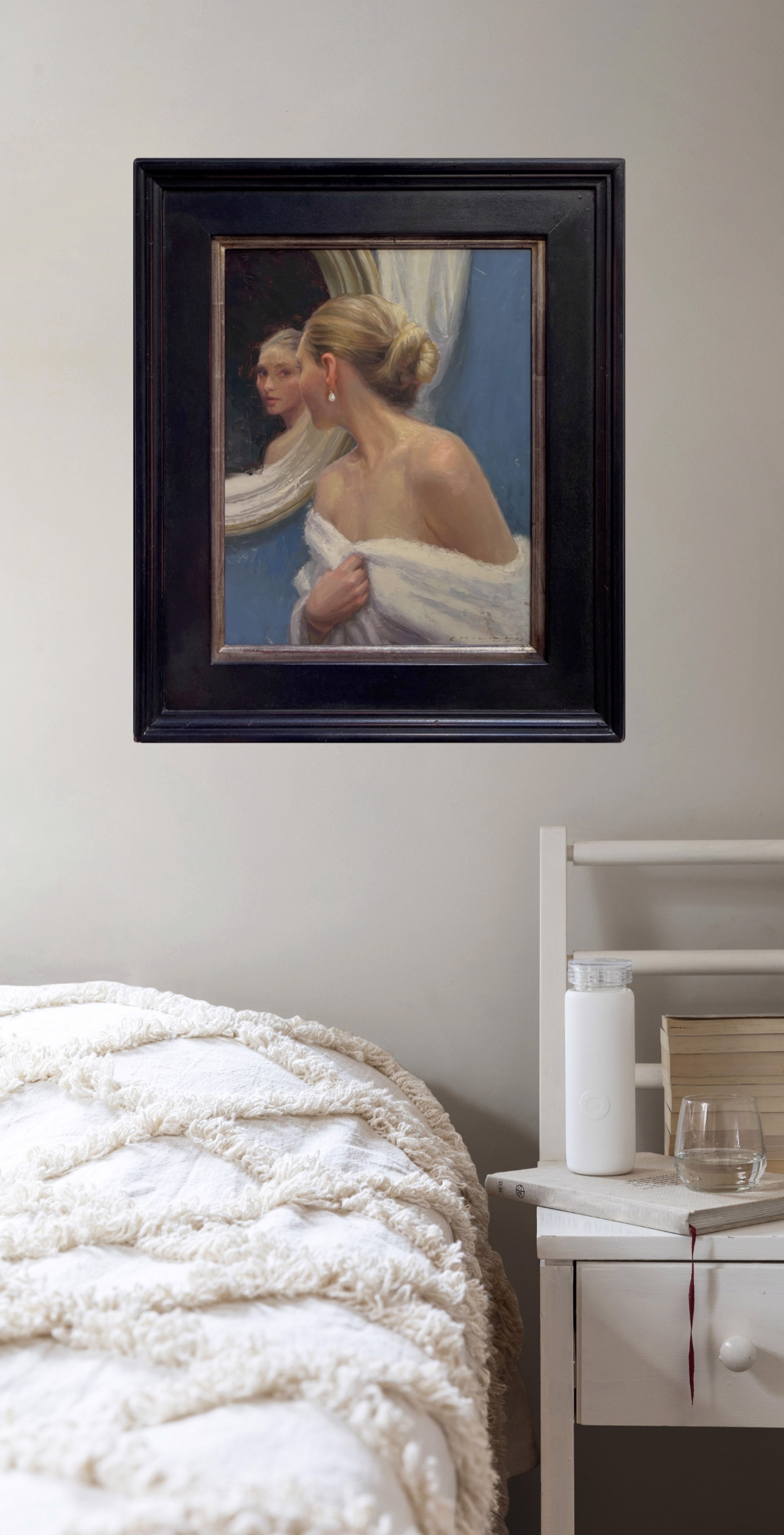 A painting of a woman looking at herself in the mirror.