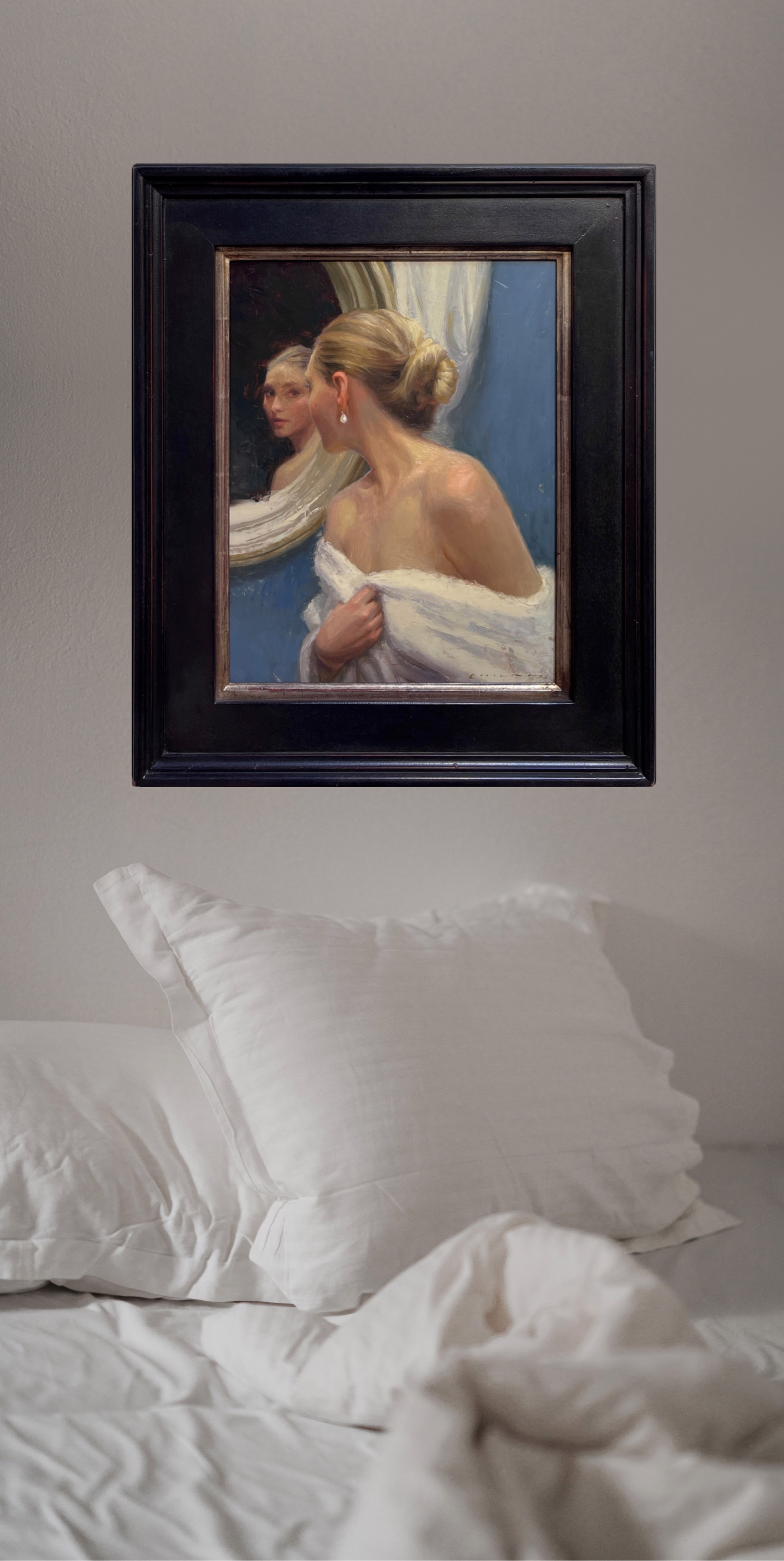 A painting of a woman looking at herself in the mirror.