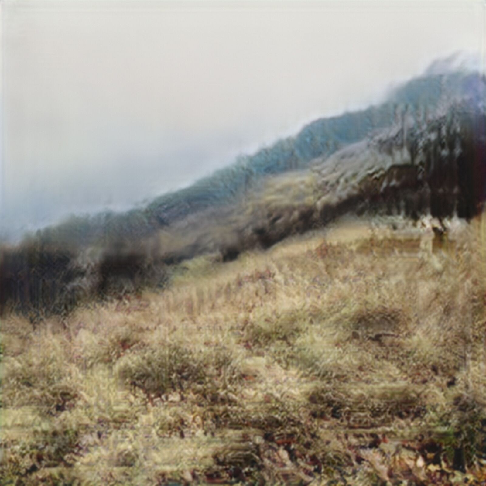 A painting of a grassy field with mountains in the background.
