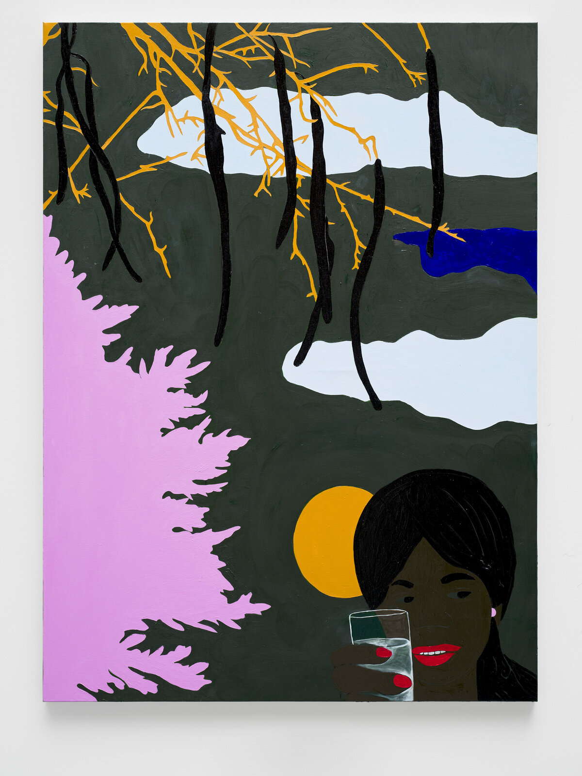 A stylized portrait of a figure holding a glass, set against a surreal landscape with bold colors and abstract forms.