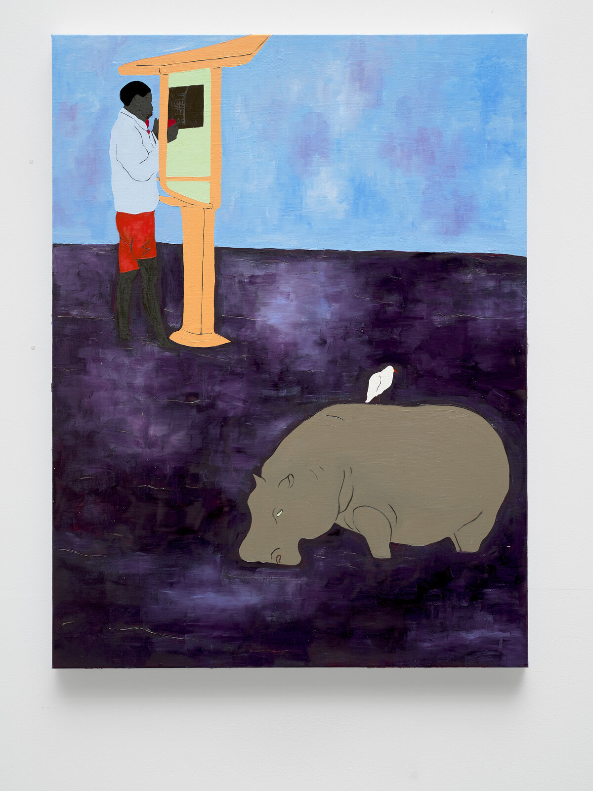 A surreal painting juxtaposes a person at a booth with a hippo and a bird in a split landscape.