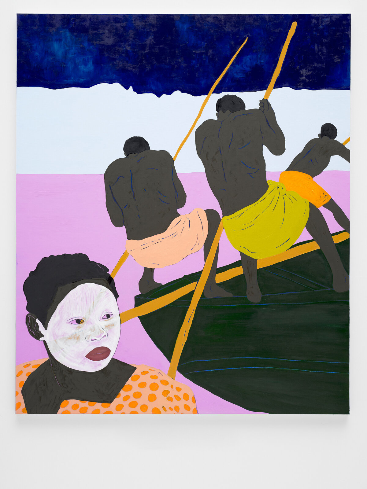A vibrant painting featuring a masked figure in the foreground and three figures rowing a boat against a stylized background.