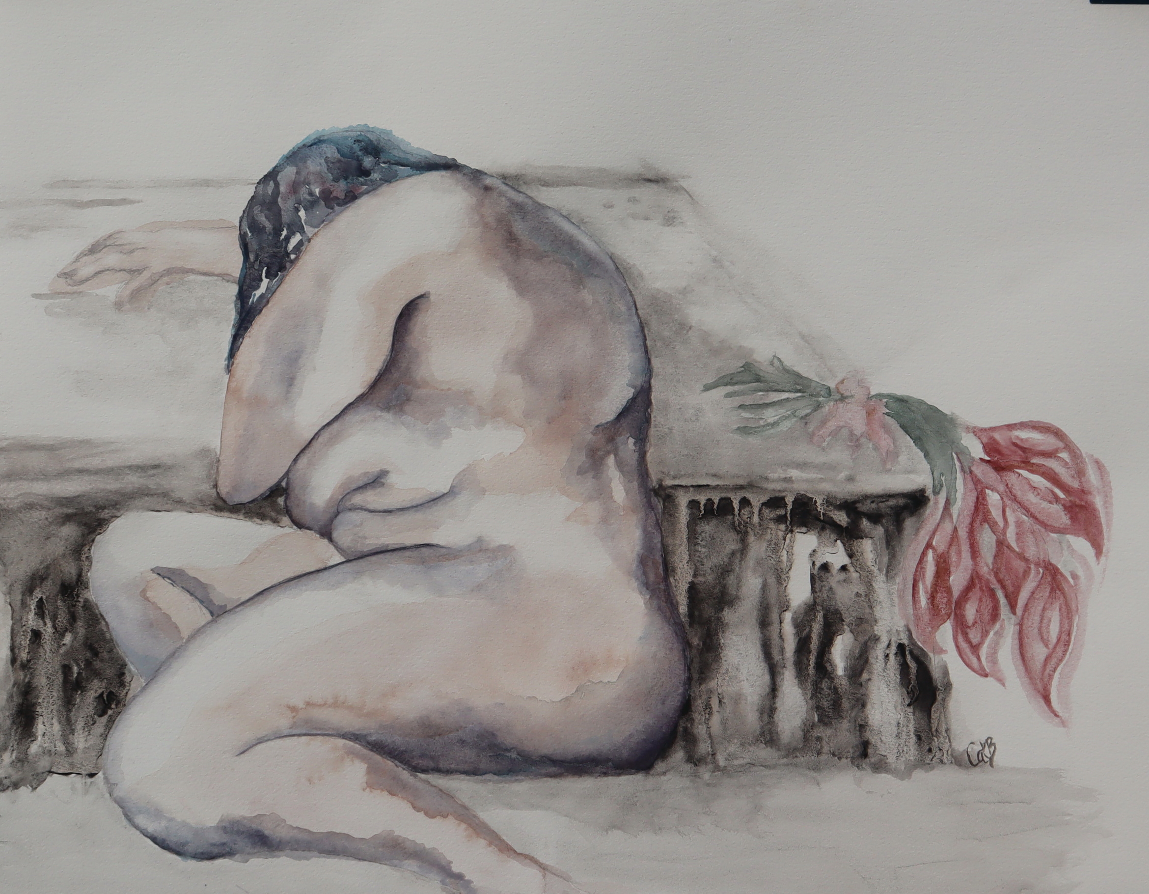 A watercolor study of a nude figure in deep contemplation, rendered with soft washes and expressive strokes.