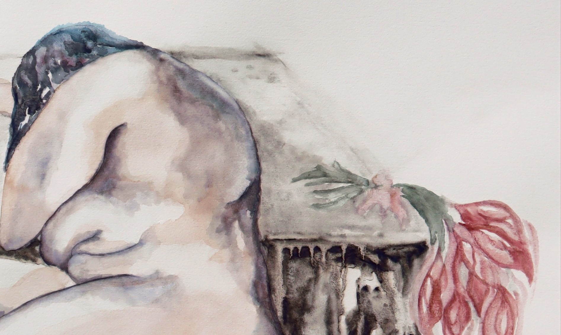 A watercolor study of a nude figure in deep contemplation, rendered with soft washes and expressive strokes.