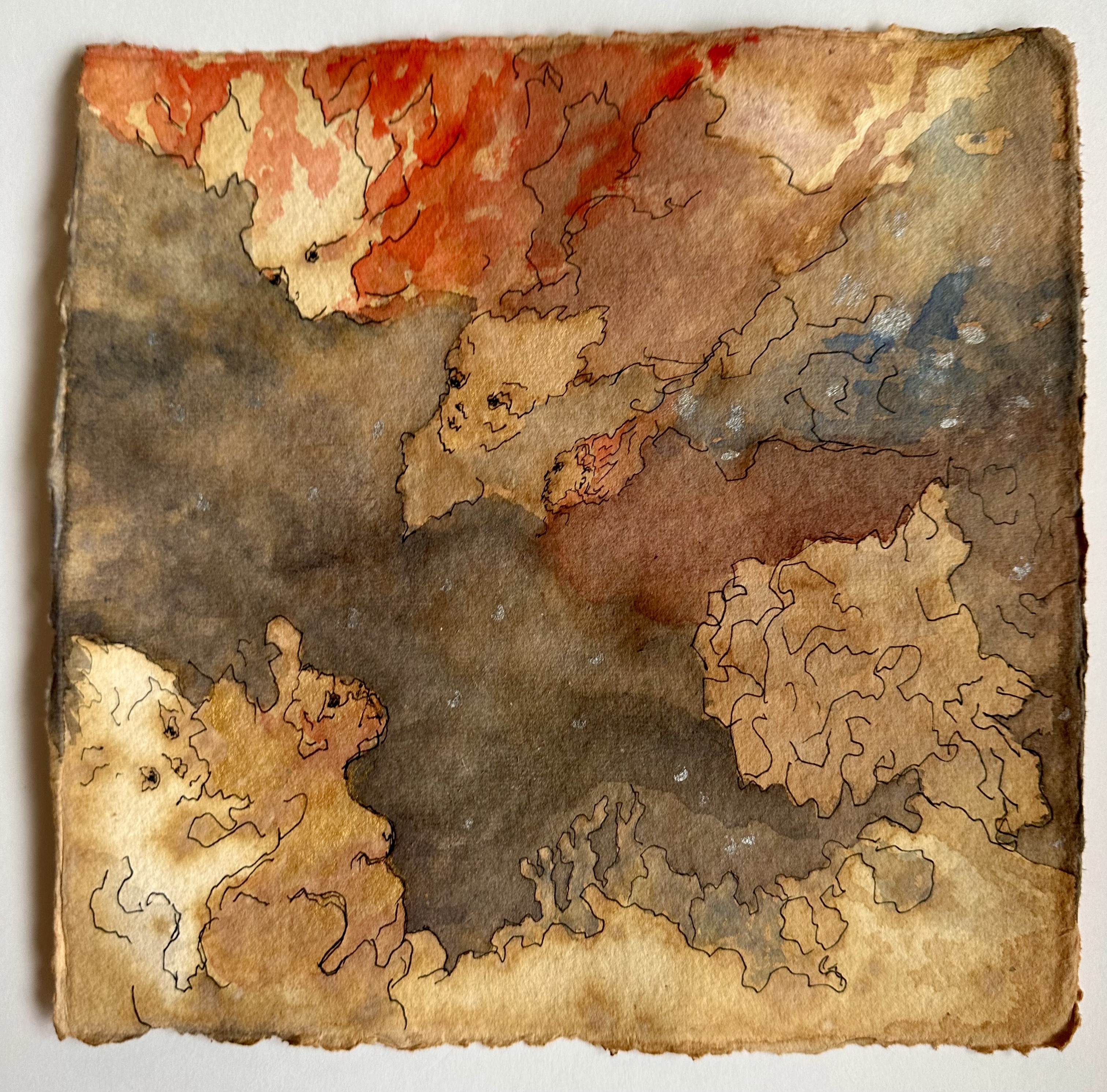 A watercolor map of a fantasy land with earthy tones and black ink outlines.