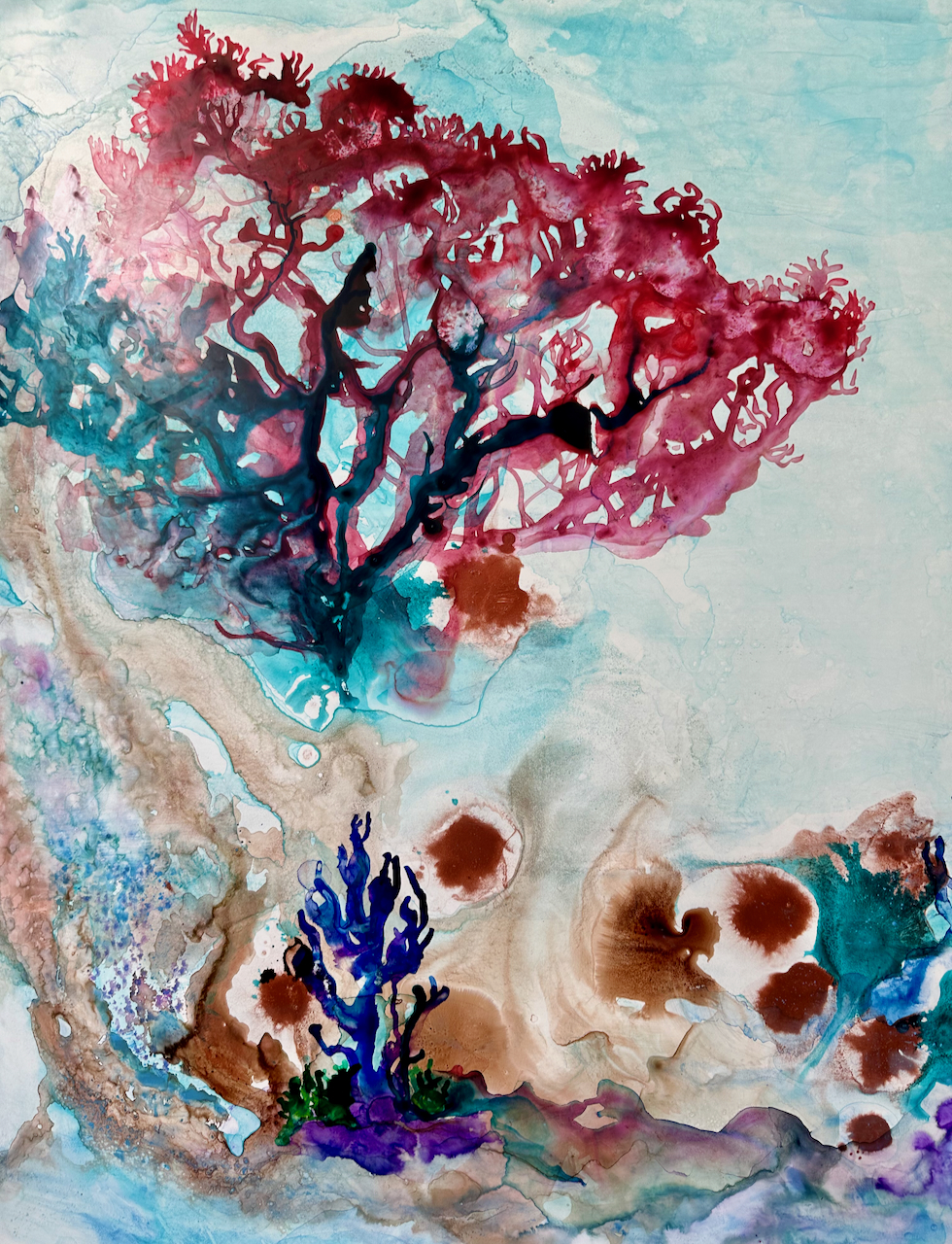 A vibrant underwater scene featuring colorful coral formations and marine life.