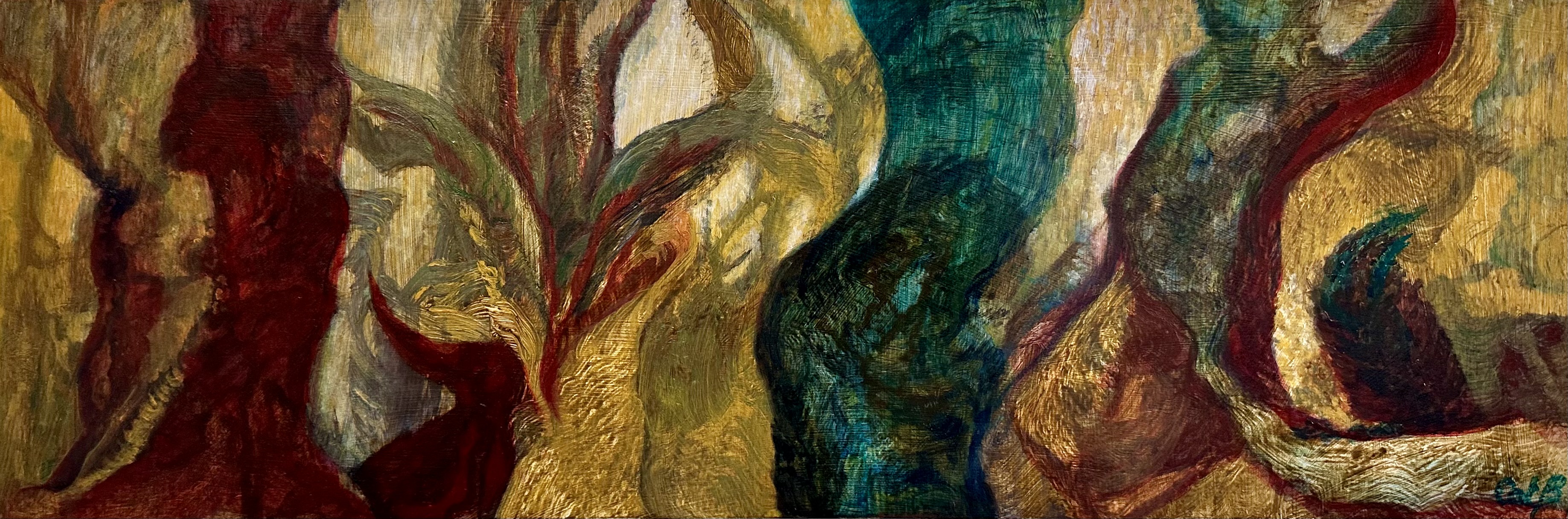 A painting of a group of trees in a forest.