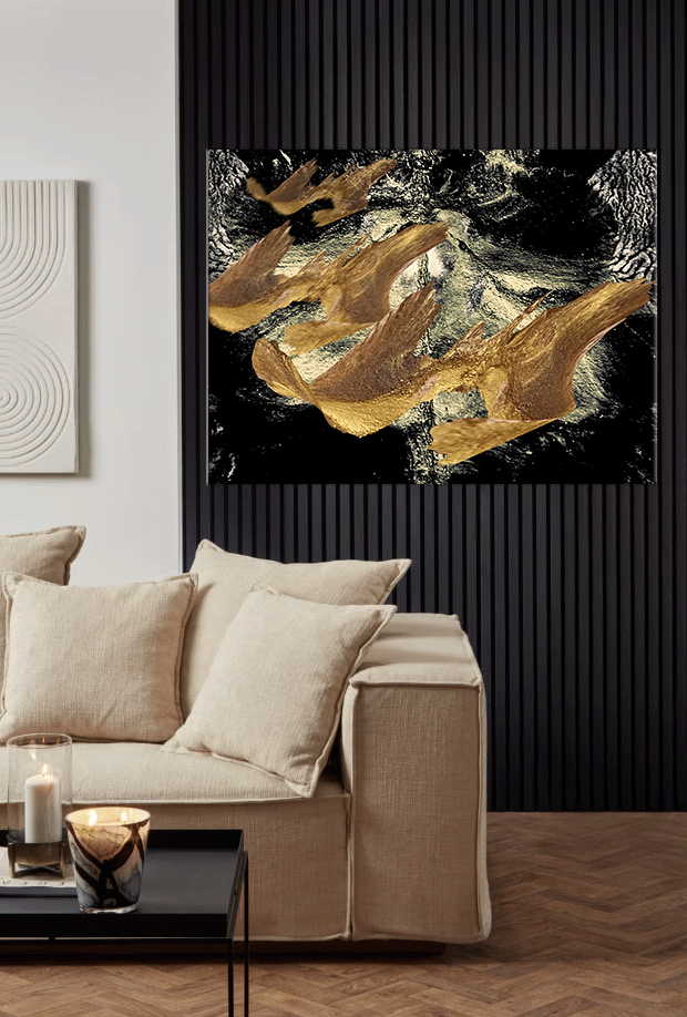 A surreal composition of golden, winged creatures emerging from a dark, textured void.