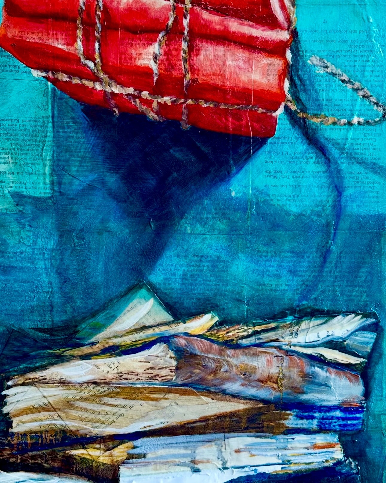 A stacked pile of books with a red bundle floating above against a textured blue background.