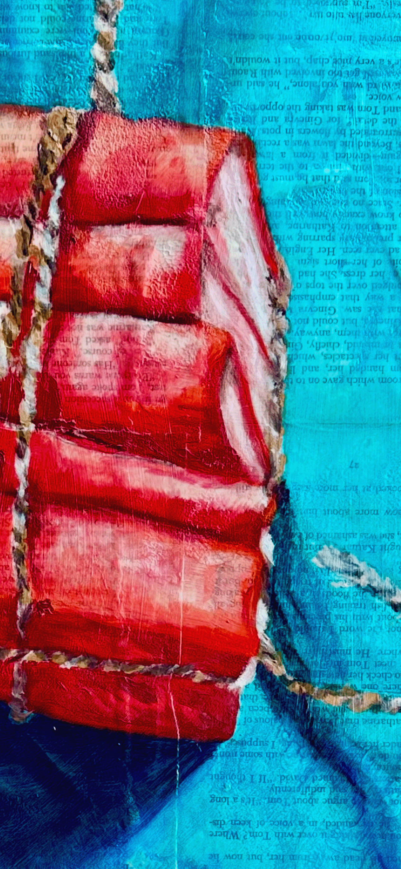 A stacked pile of books with a red bundle floating above against a textured blue background.