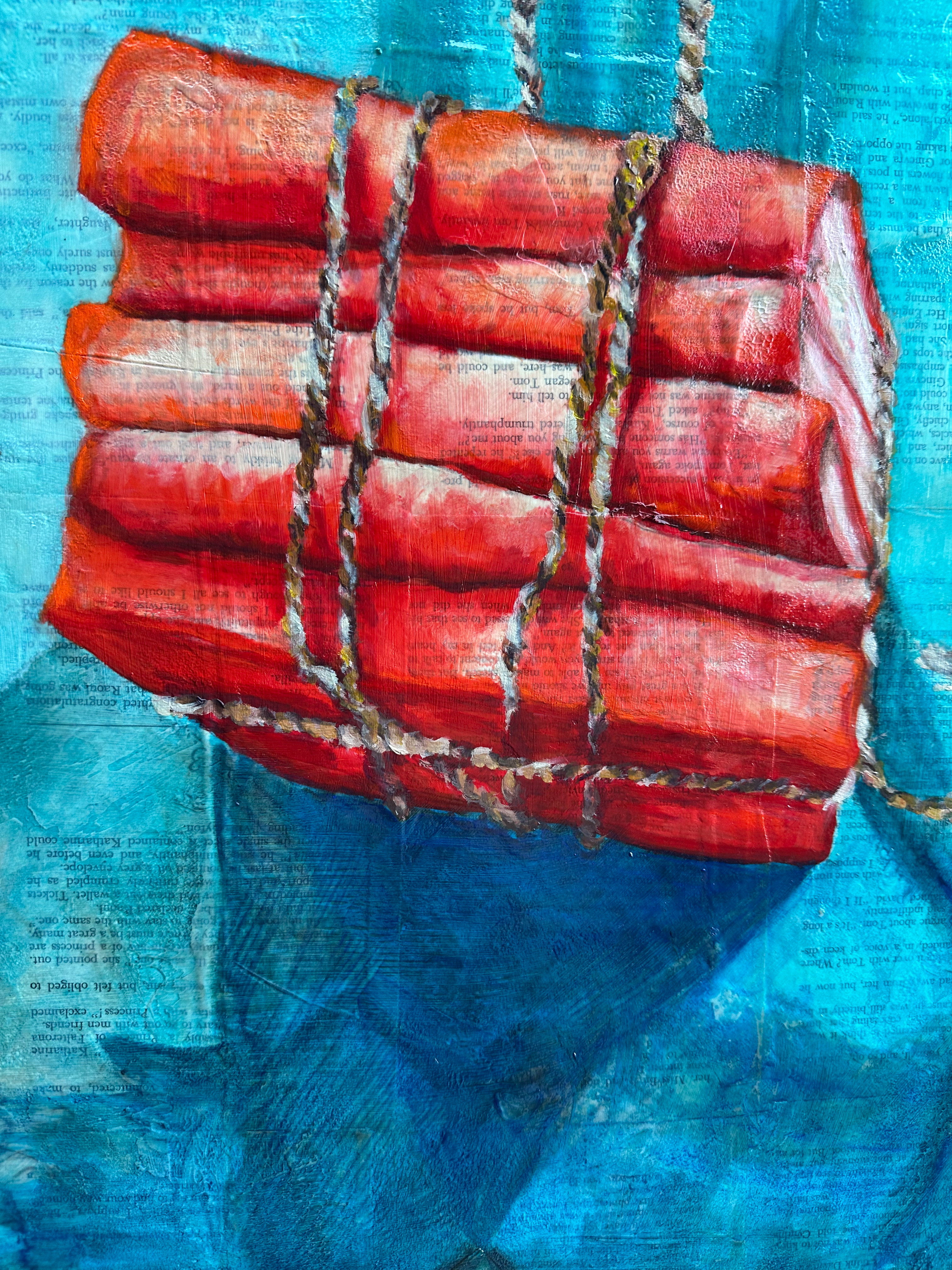 A stacked pile of books with a red bundle floating above against a textured blue background.
