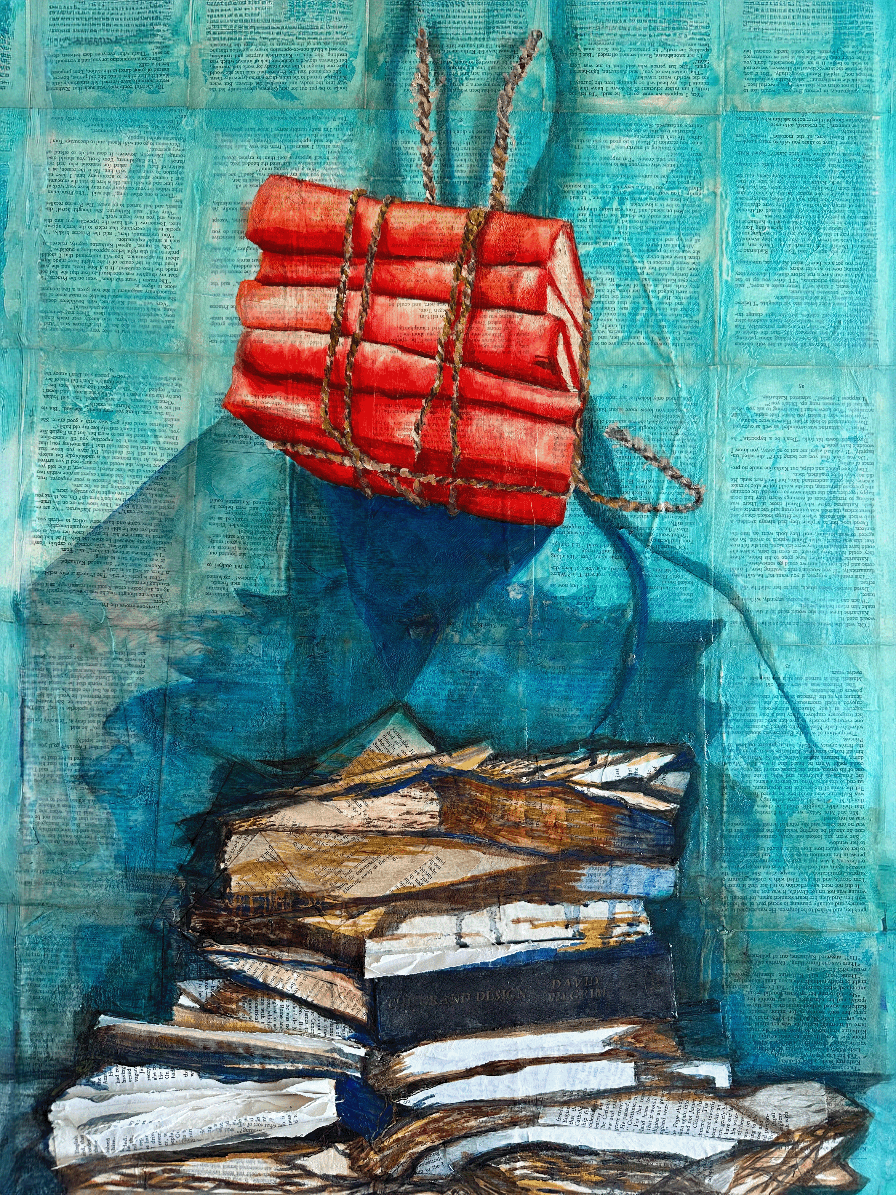 A stacked pile of books with a red bundle floating above against a textured blue background.