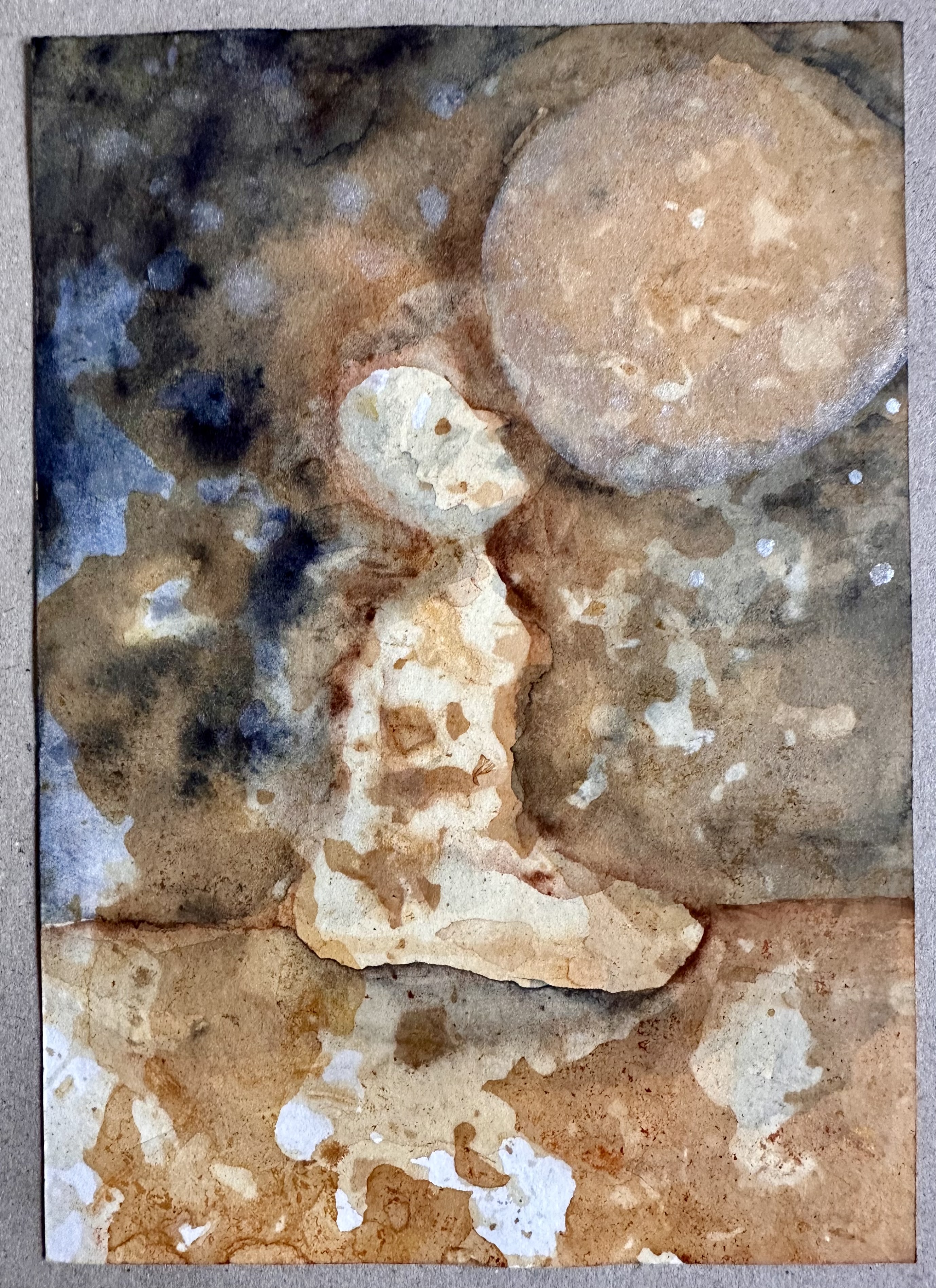 A watercolor study of a seated figure in earthy tones against a textured background.