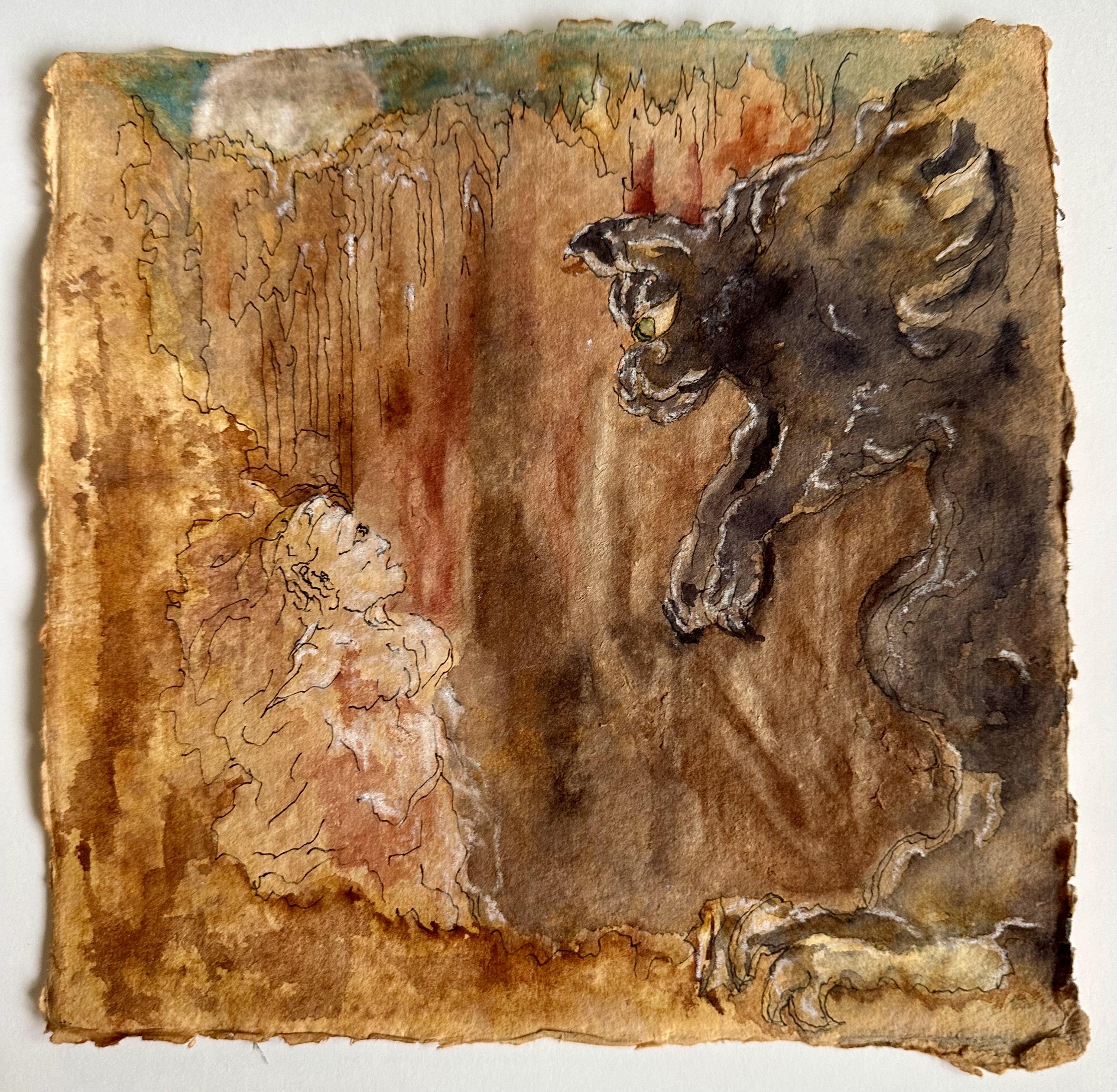 A mythological scene depicting a winged creature confronting a seated figure against an earthy, textured background.