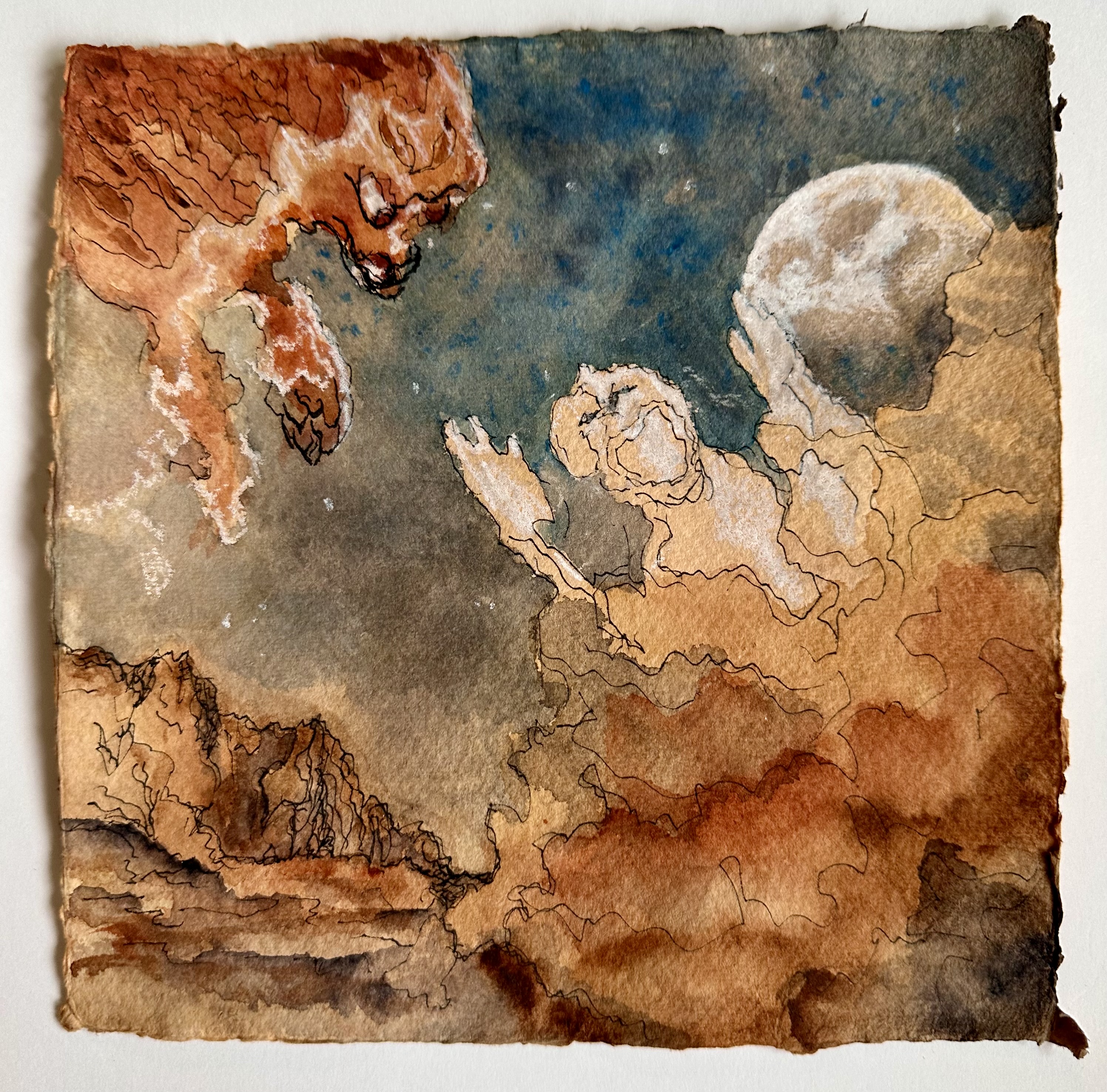 A watercolor painting of a dramatic confrontation between a large beast and a celestial figure.