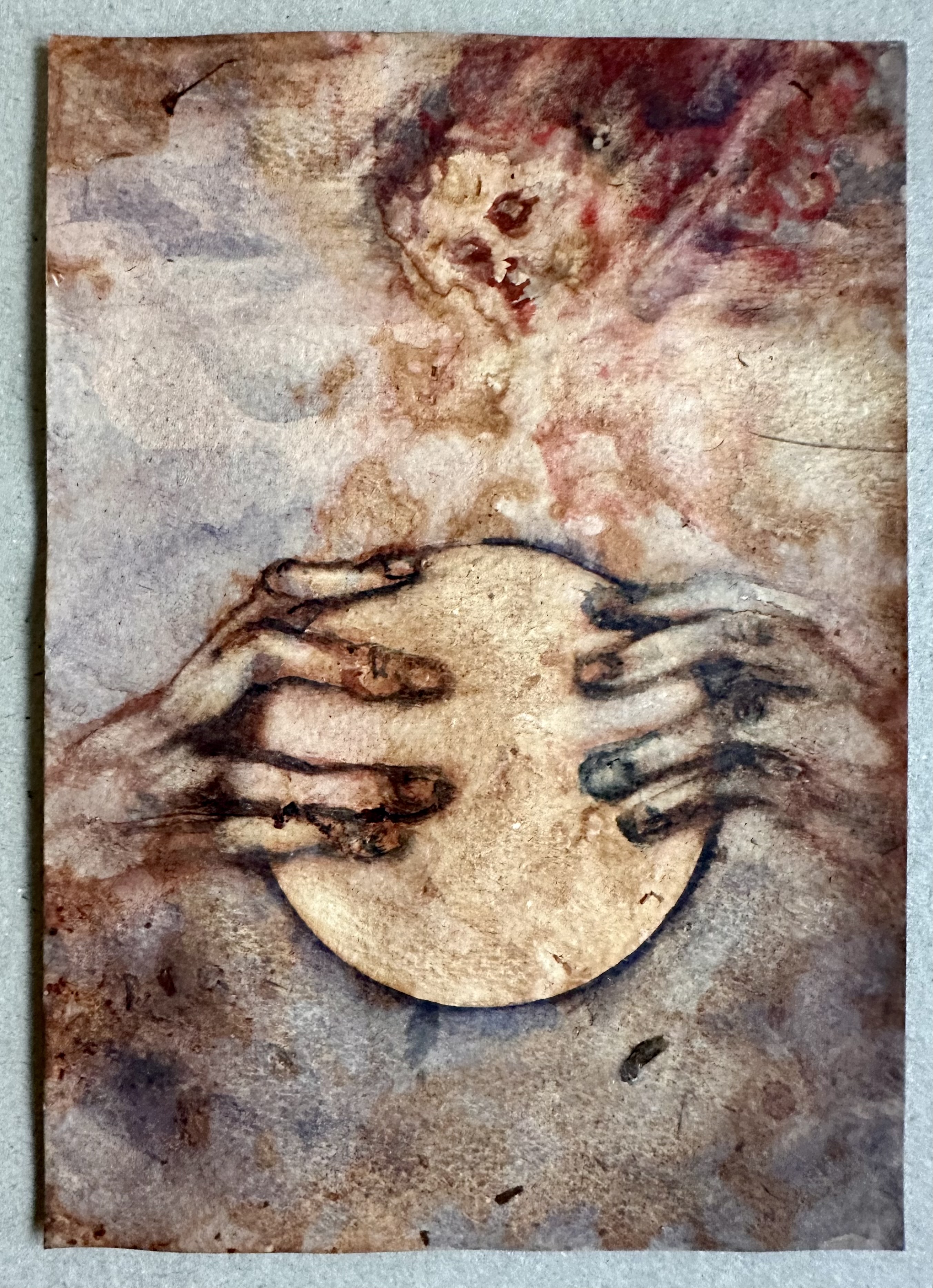 A haunting watercolor piece featuring two hands holding a sphere beneath a spectral face.