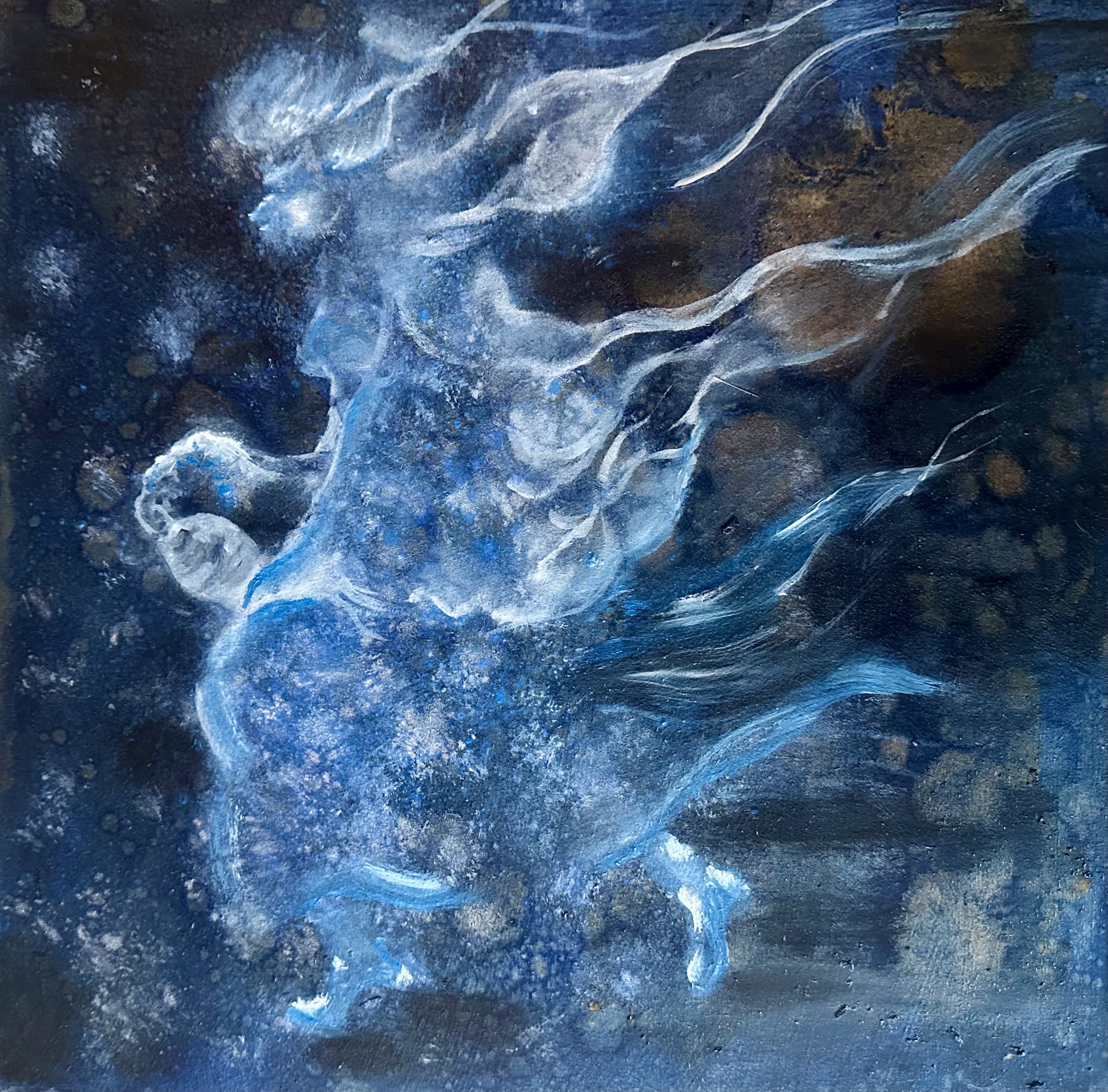 A ghostly, ethereal figure dissolving into smoke against a dark blue background.