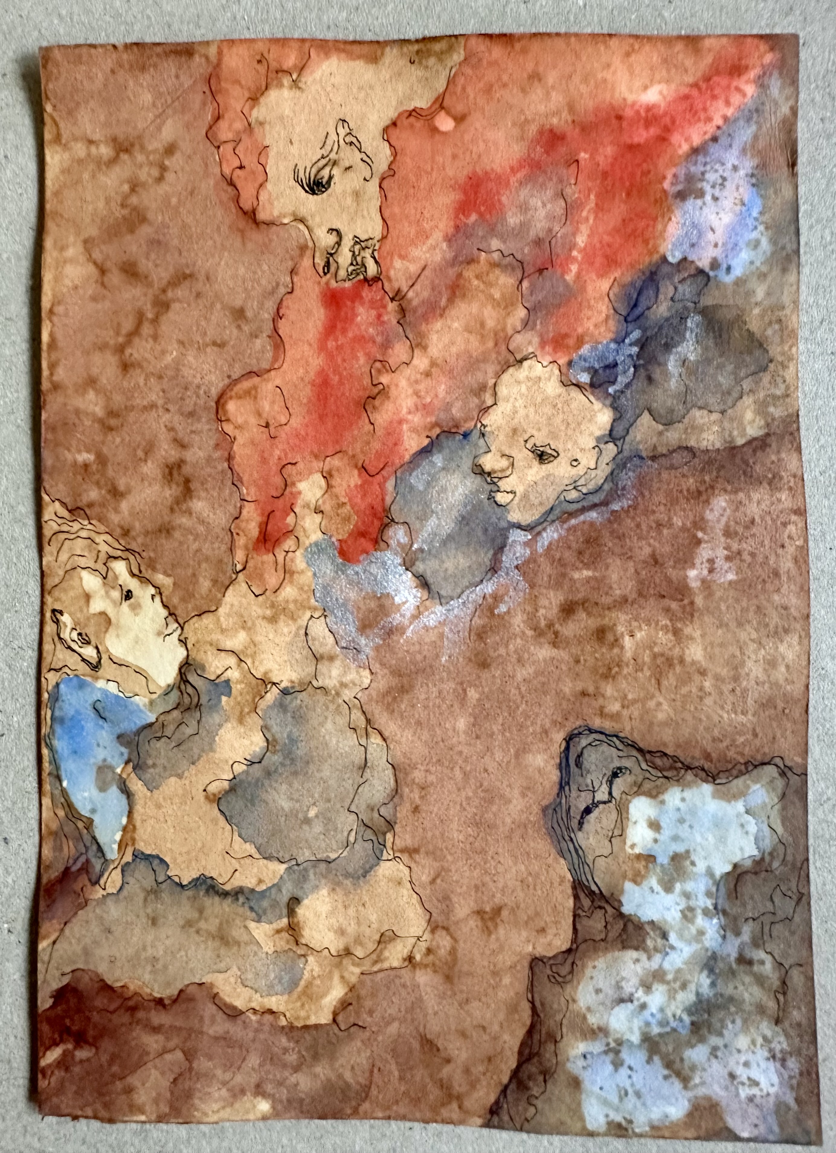 A watercolor piece featuring abstract, face-like shapes in warm earth tones.