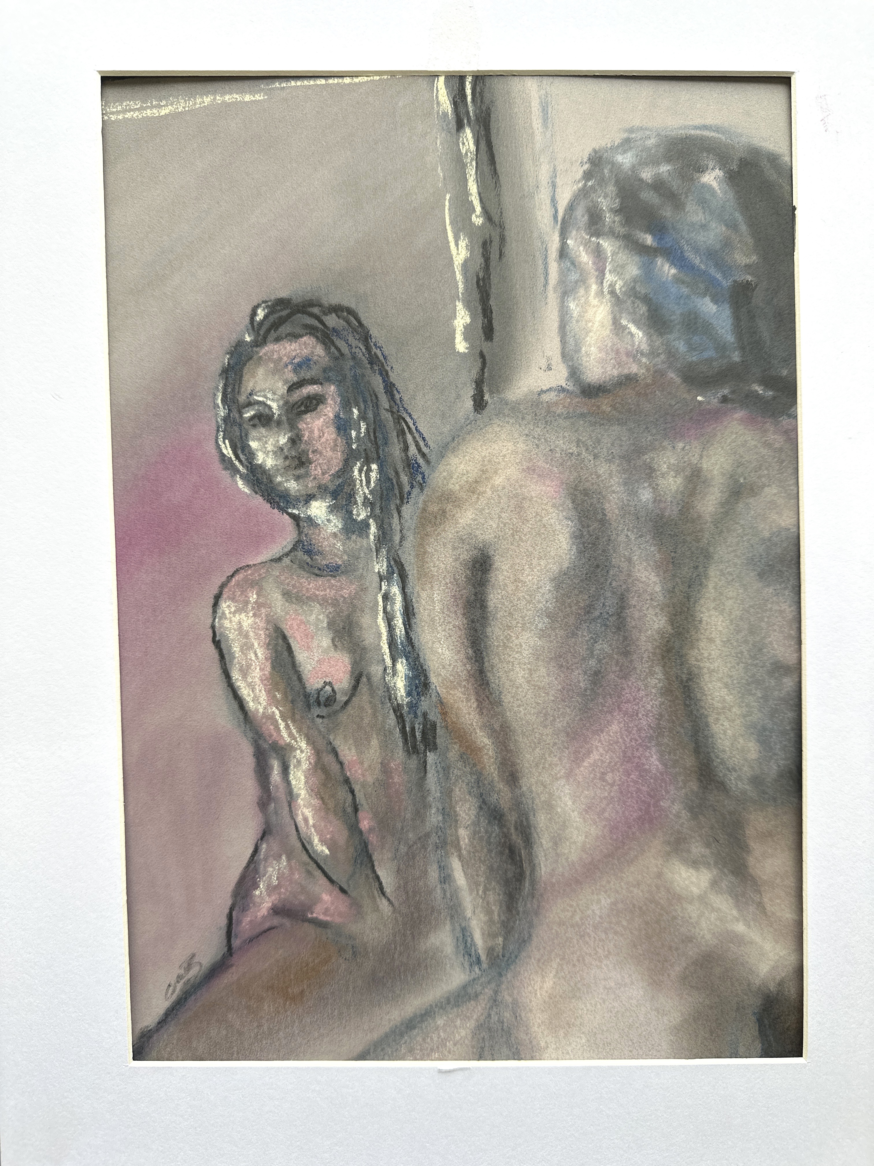 A pastel drawing of a nude figure gazing at their reflection in a mirror.
