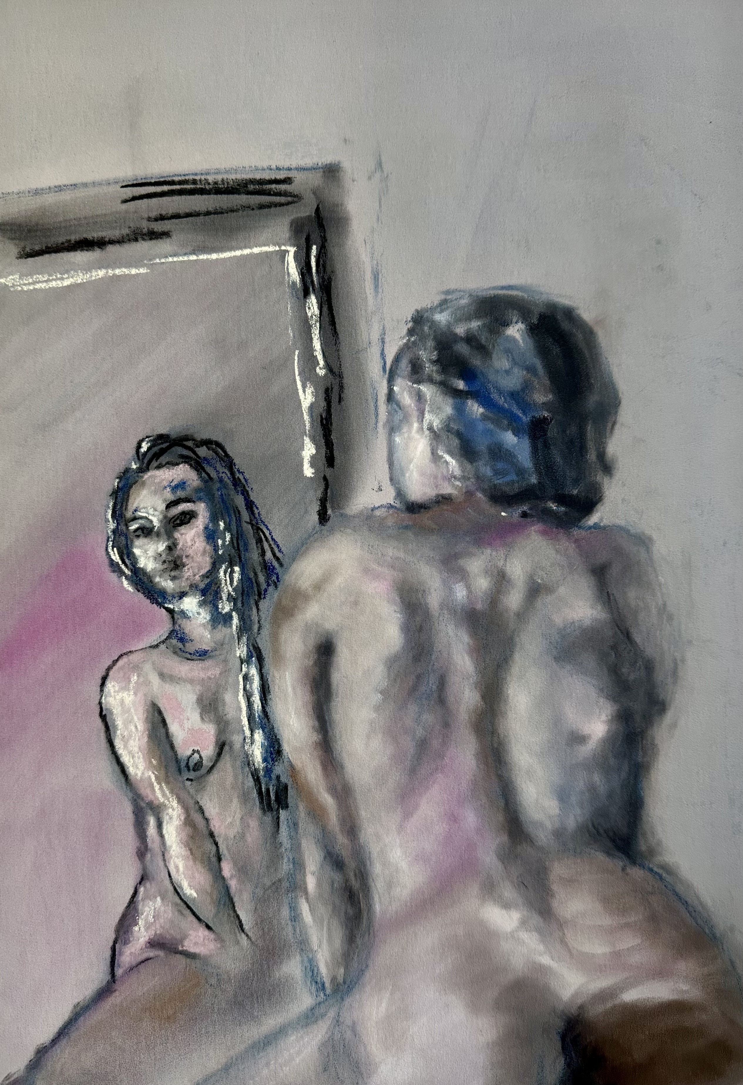 A pastel drawing of a nude figure gazing at their reflection in a mirror.