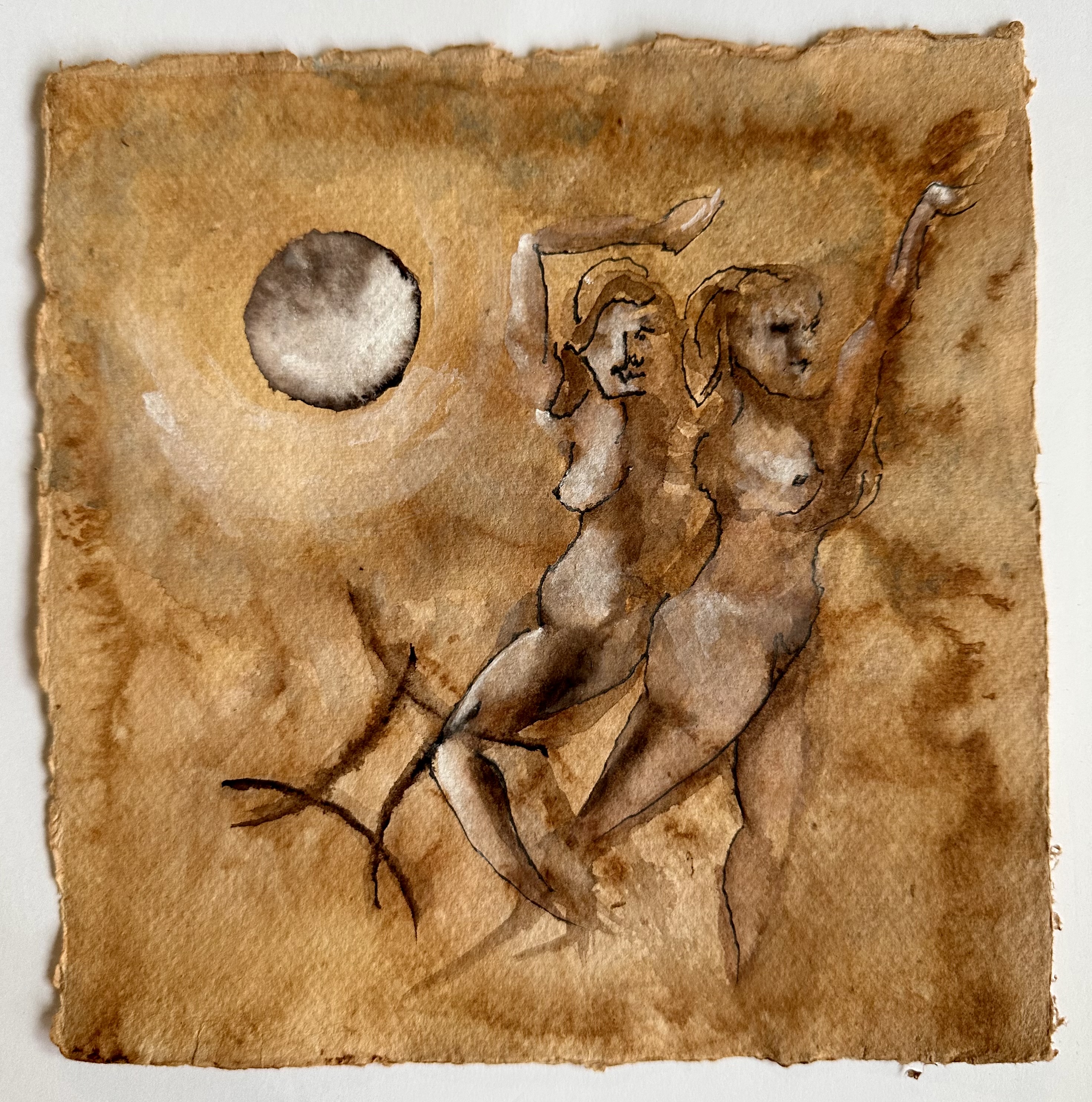 A watercolor painting of two nude figures dancing under a large moon.