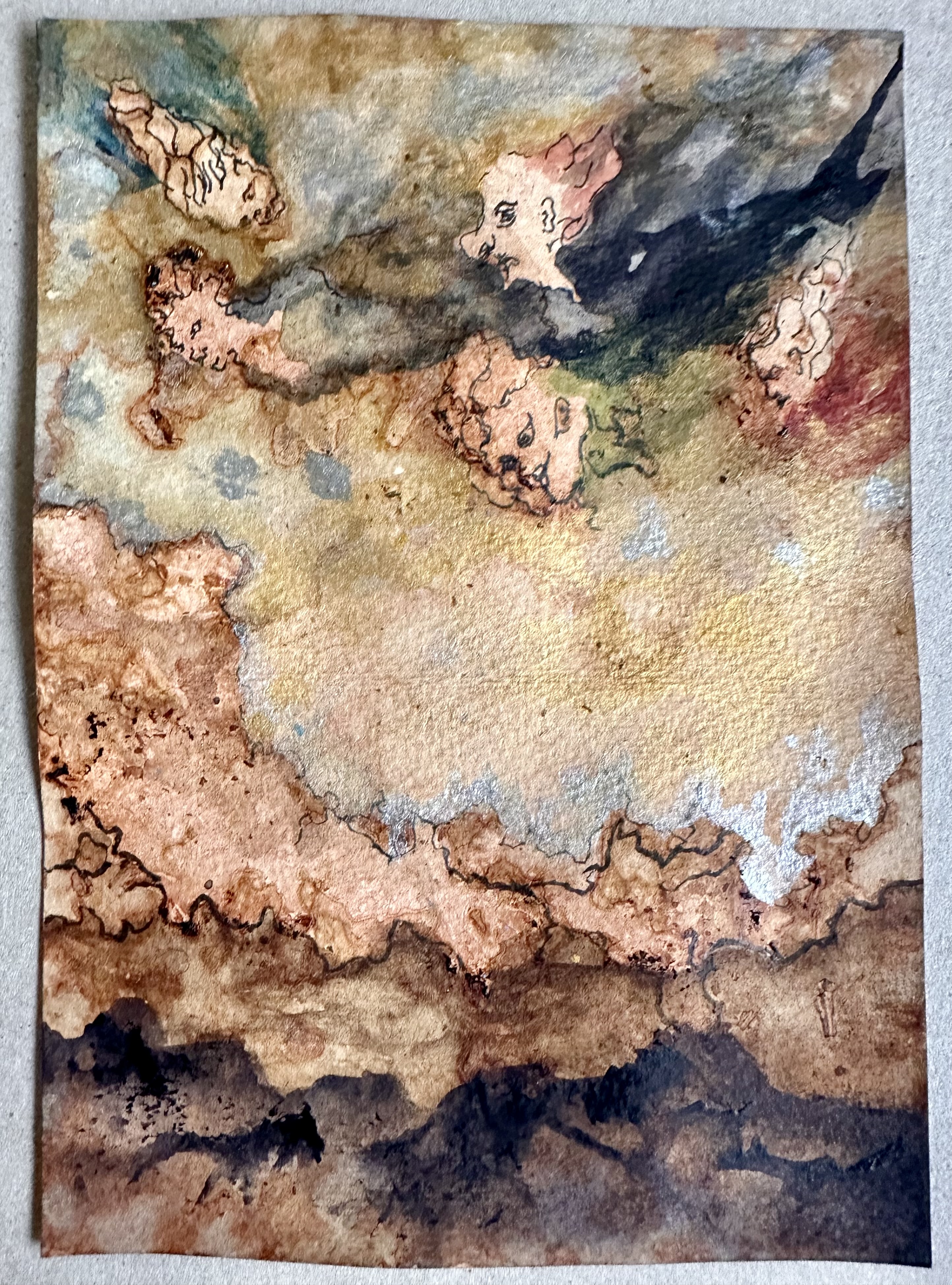 An abstract watercolor piece featuring a landscape of earthy tones and soft clouds.
