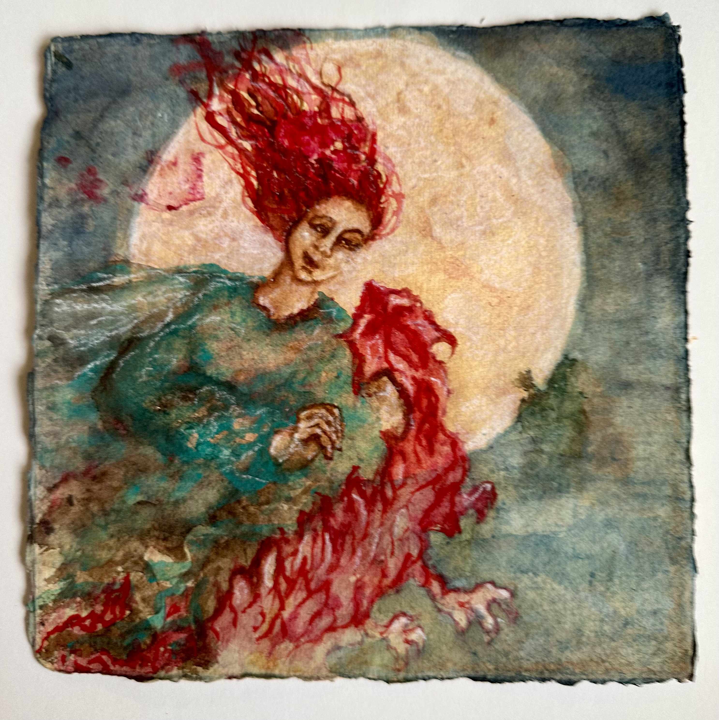 A mystical watercolor scene featuring a figure with wild red hair and a red creature against a large moon.
