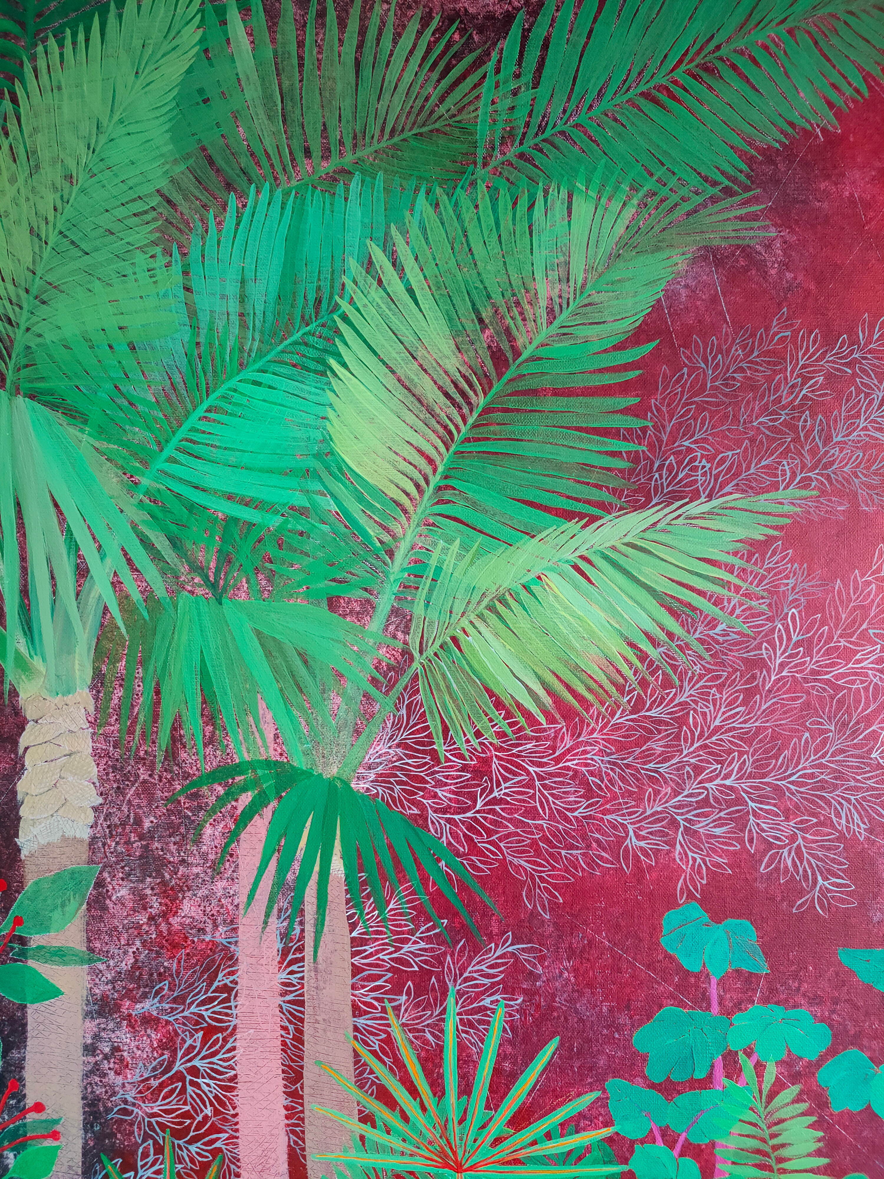 A painting of a jungle scene with palm trees and plants.