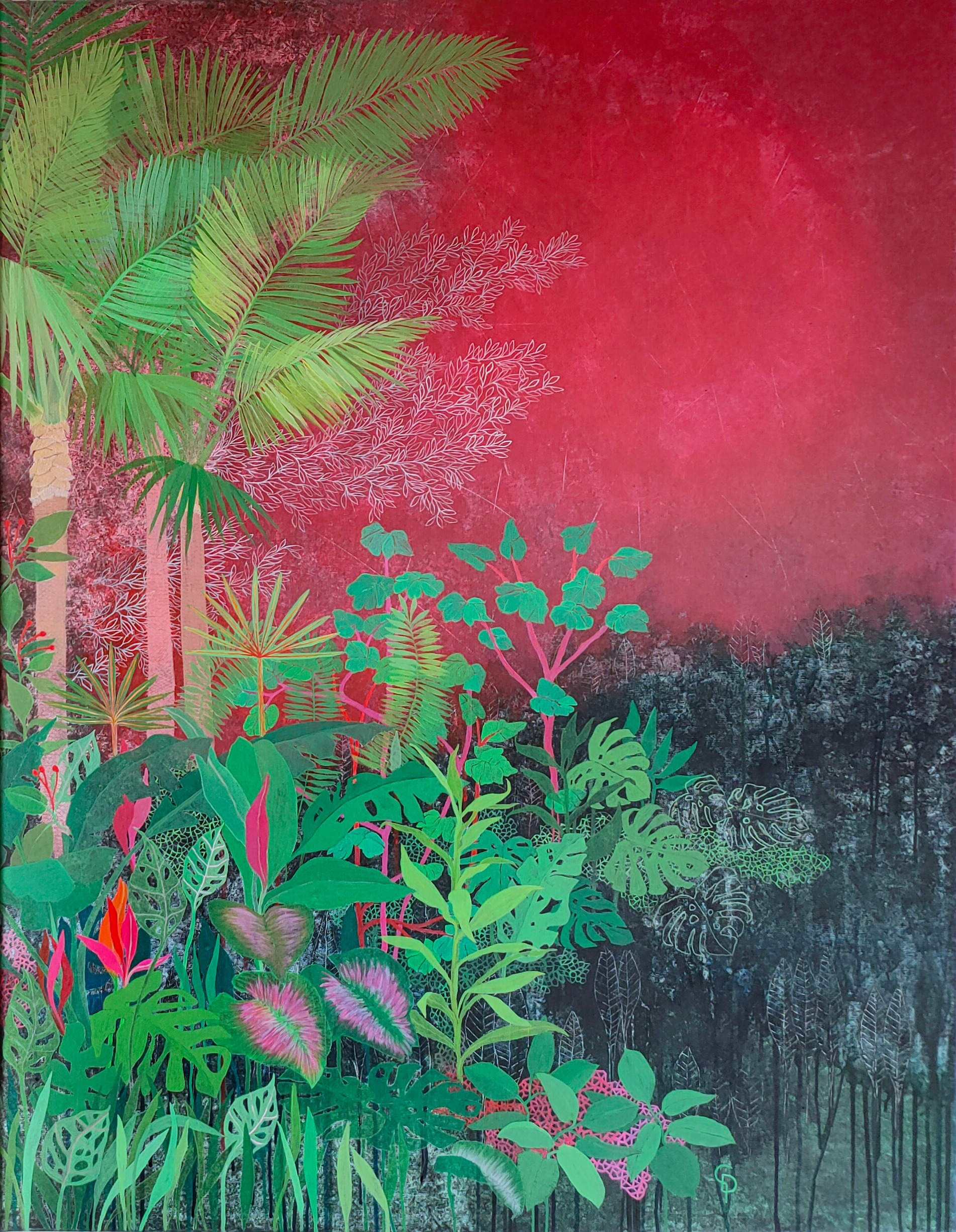 A painting of a jungle scene with palm trees and plants.