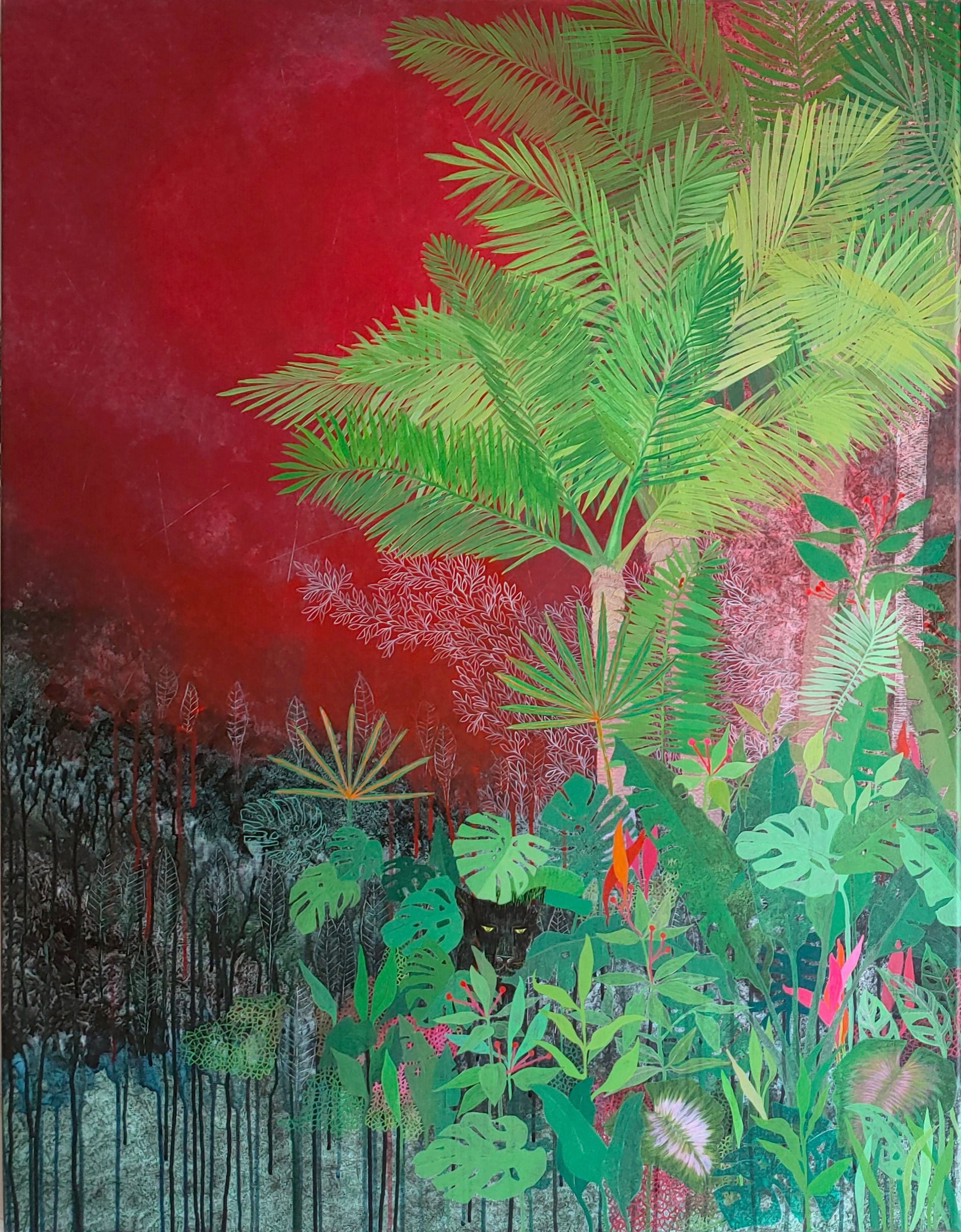 A painting of a jungle scene with palm trees and plants.