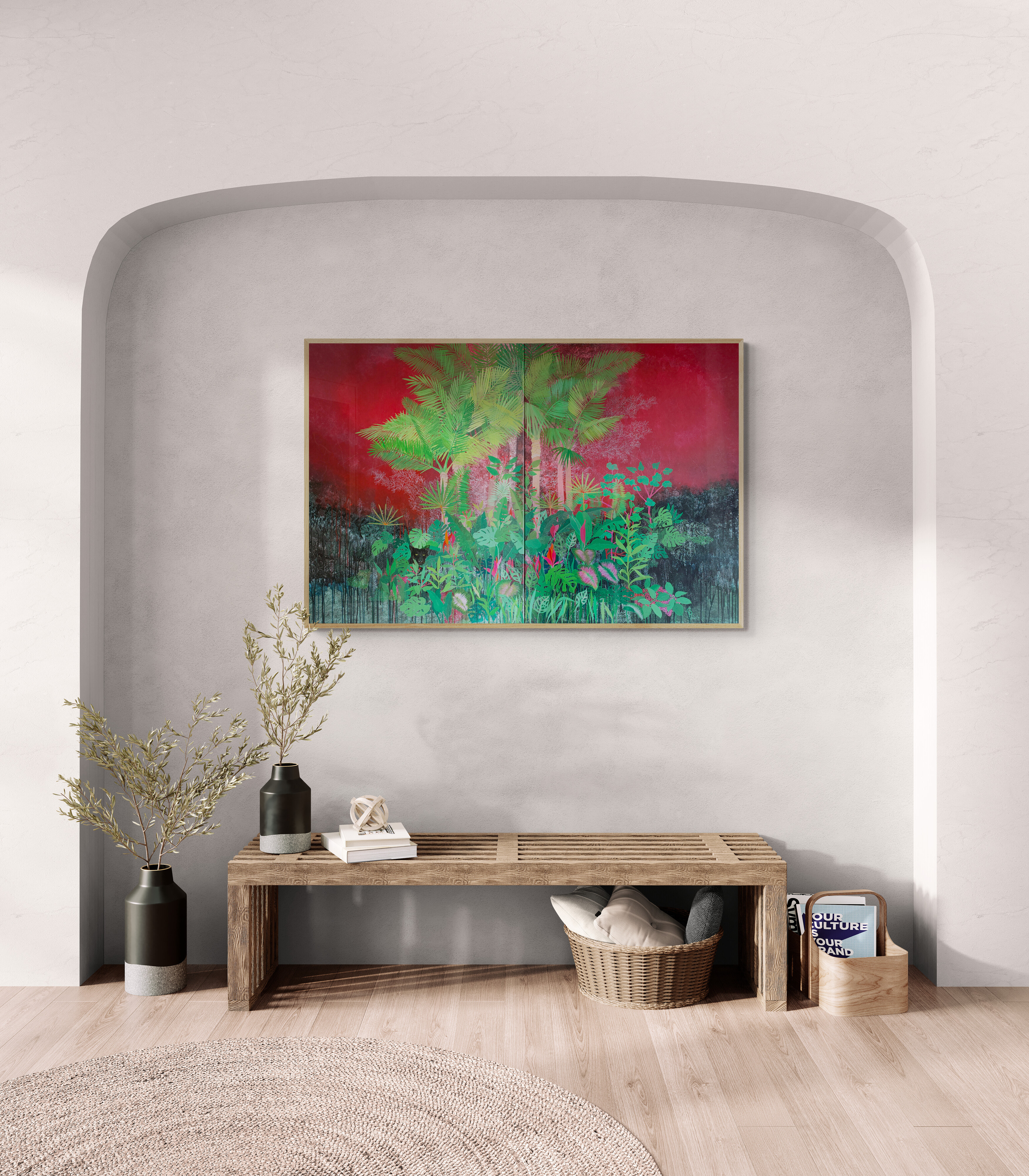 A painting of a jungle scene with palm trees and plants.