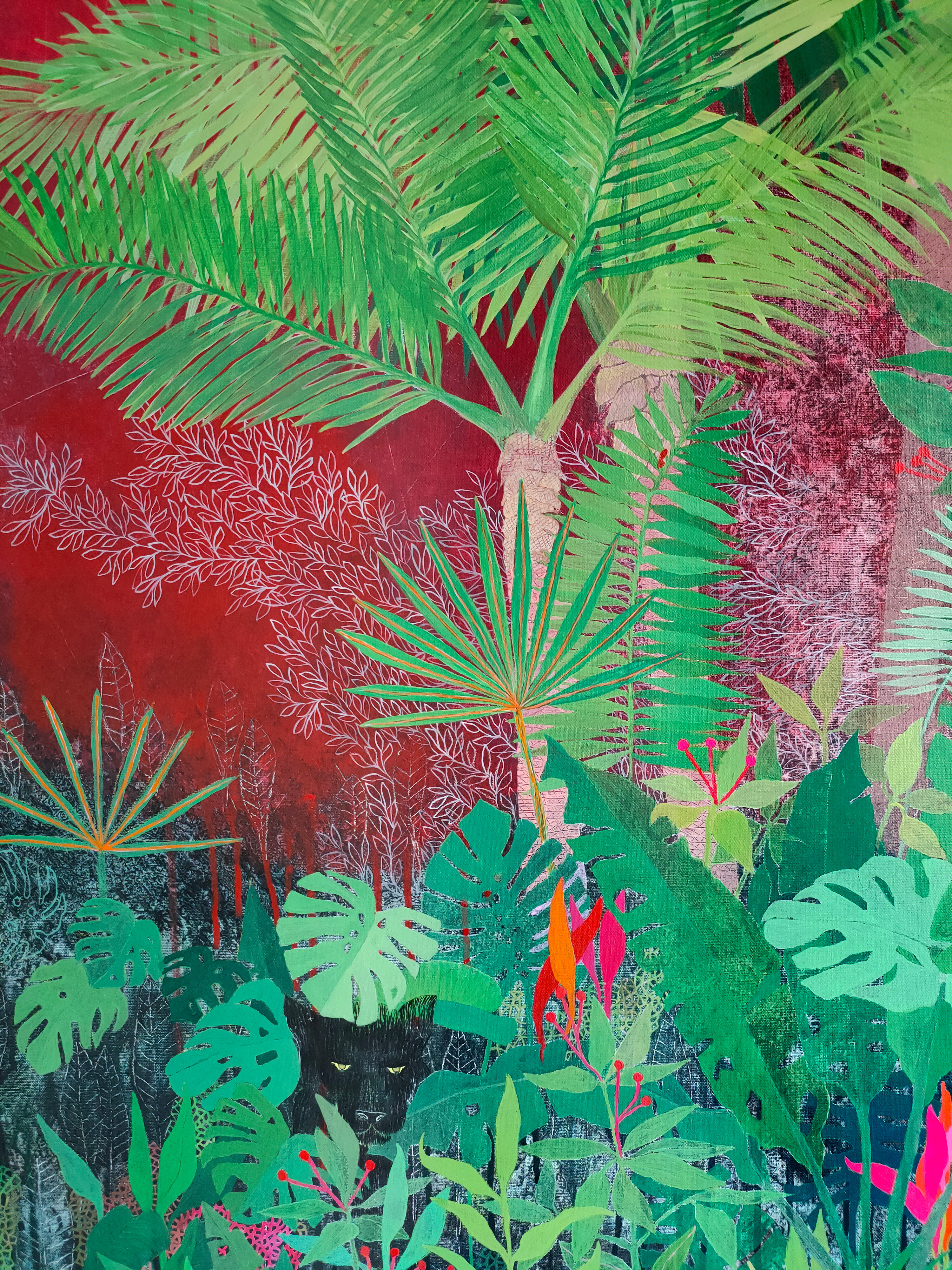 A painting of a jungle scene with palm trees and plants.
