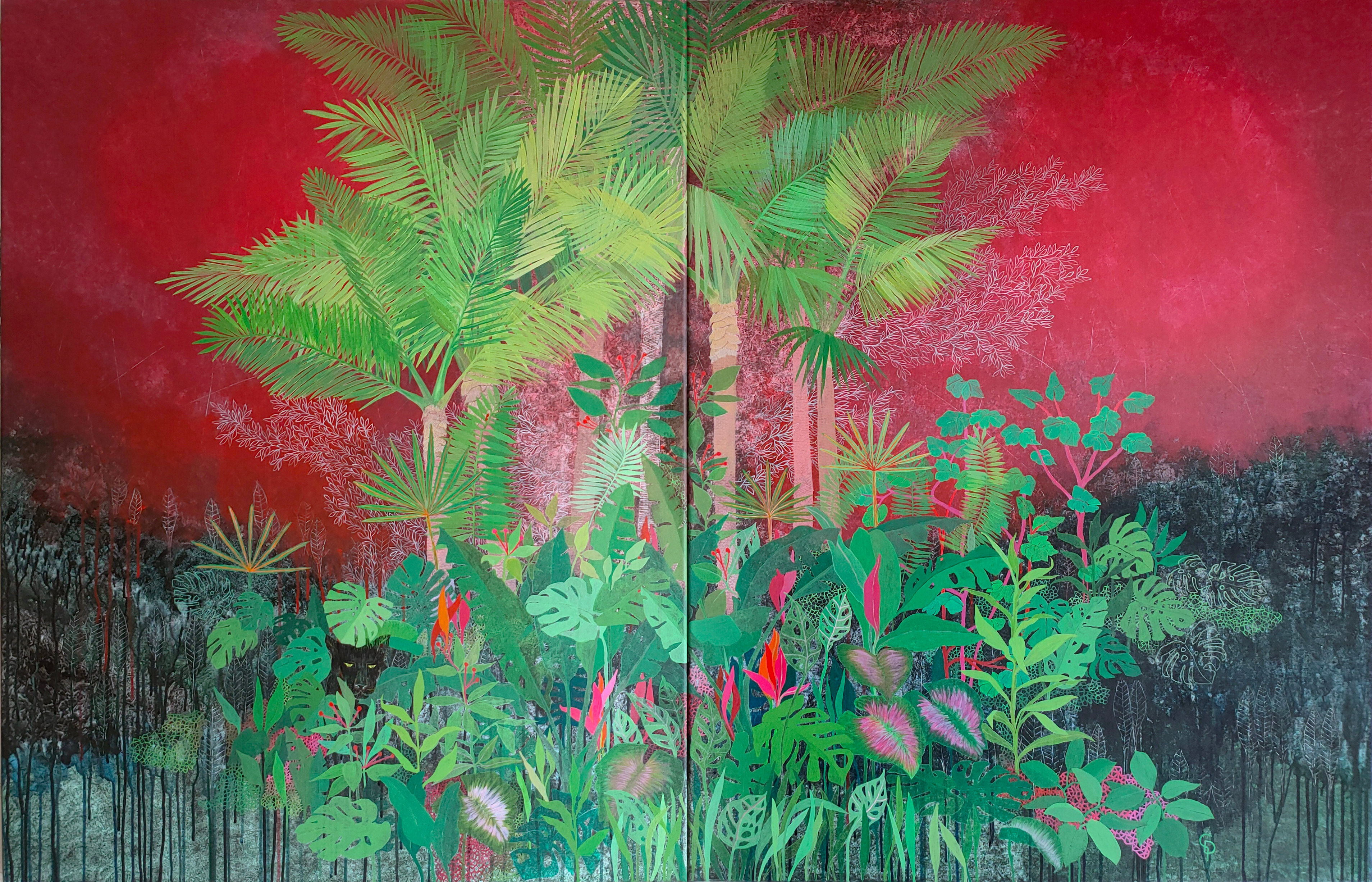 A painting of a jungle scene with palm trees and plants.