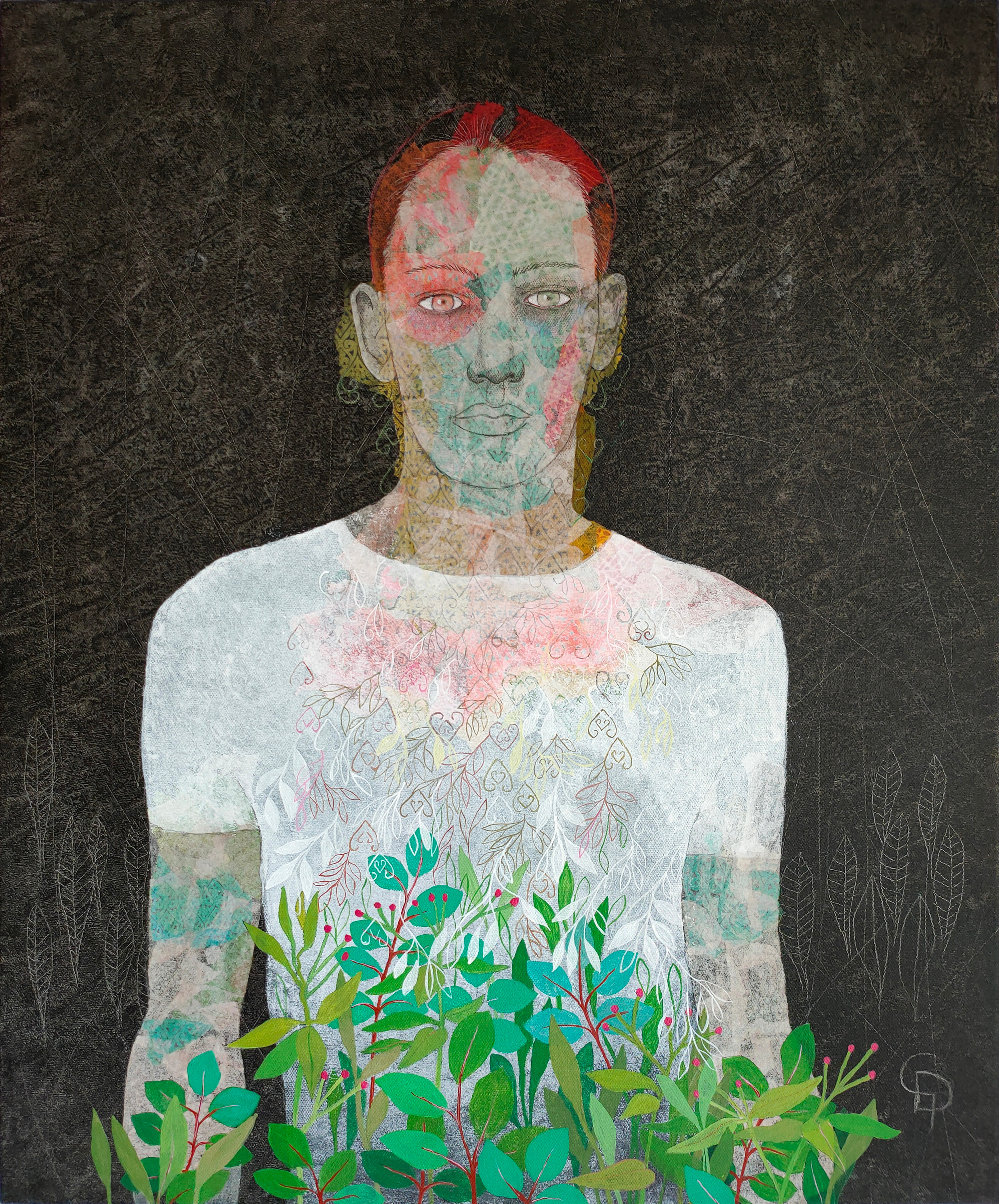 A painting of a woman with red hair and green leaves.