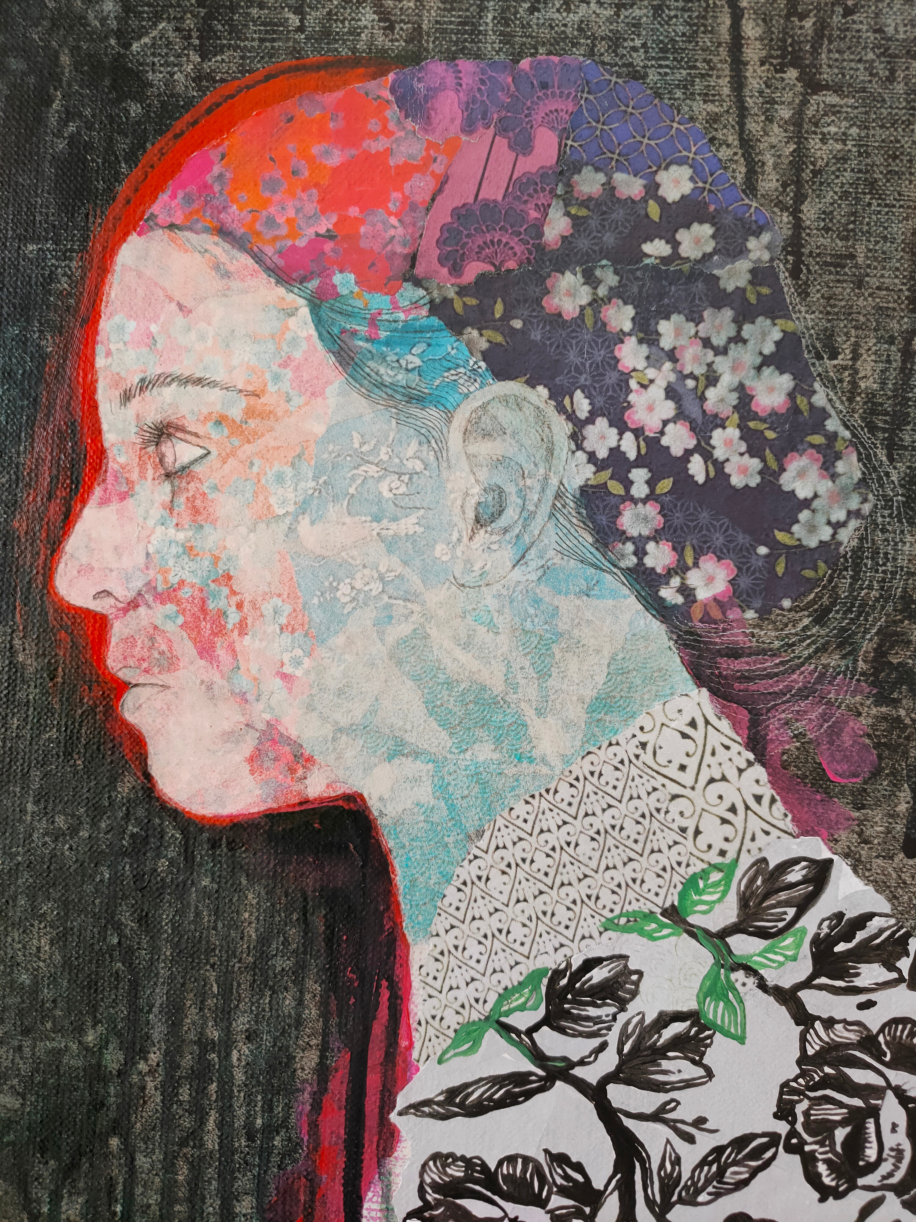 A painting of a woman surrounded by flowers and plants.