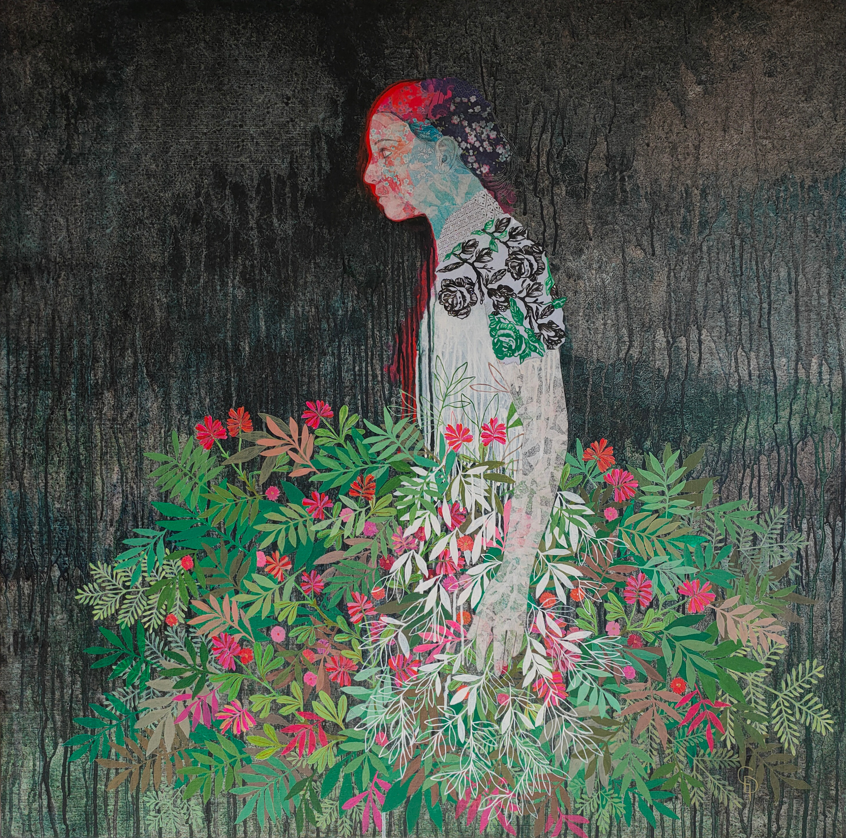 A painting of a woman surrounded by flowers and plants.