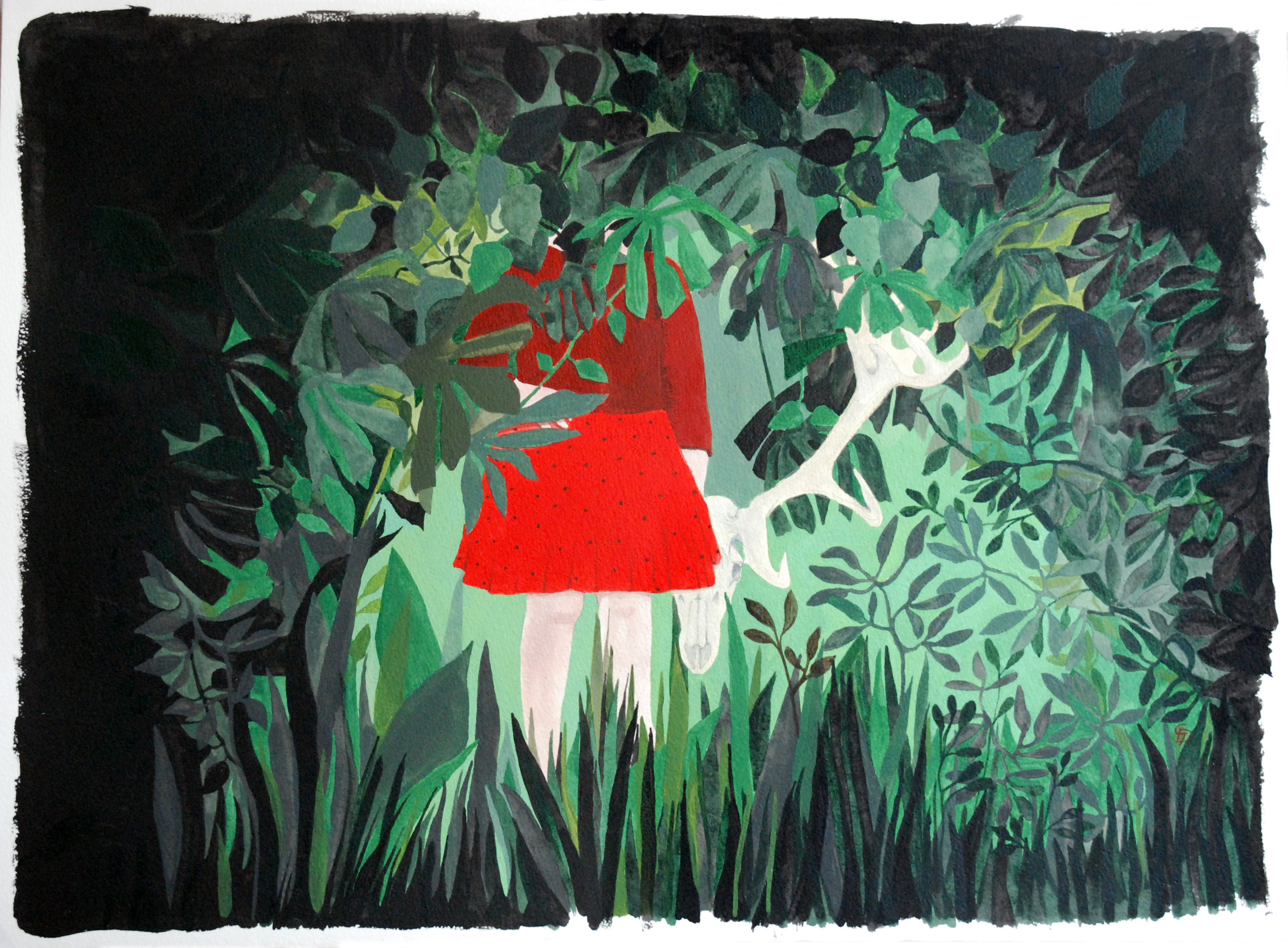 A painting of a woman in a red dress standing in the woods.