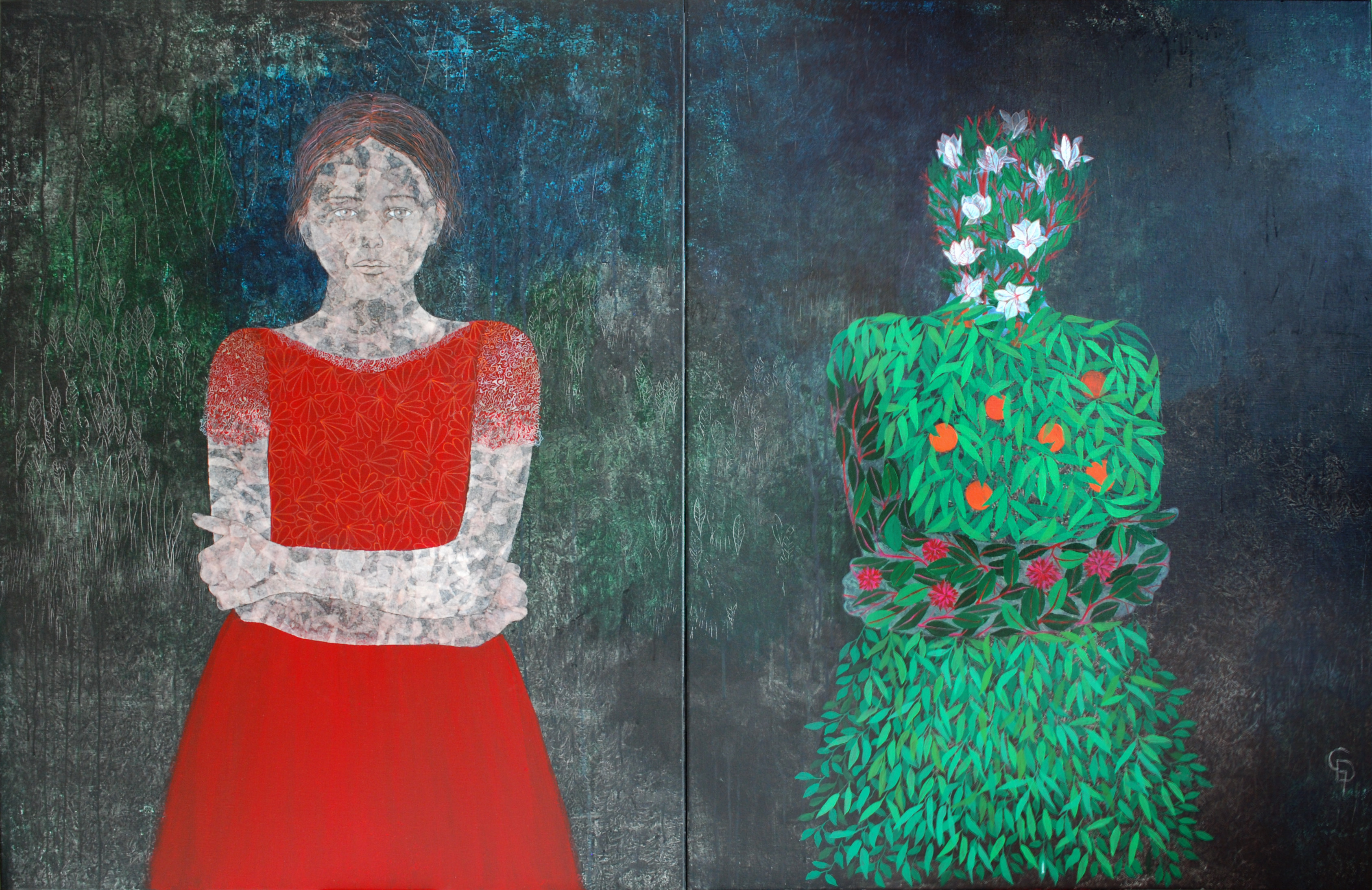 A painting of a woman in a red dress and a man in a green dress.