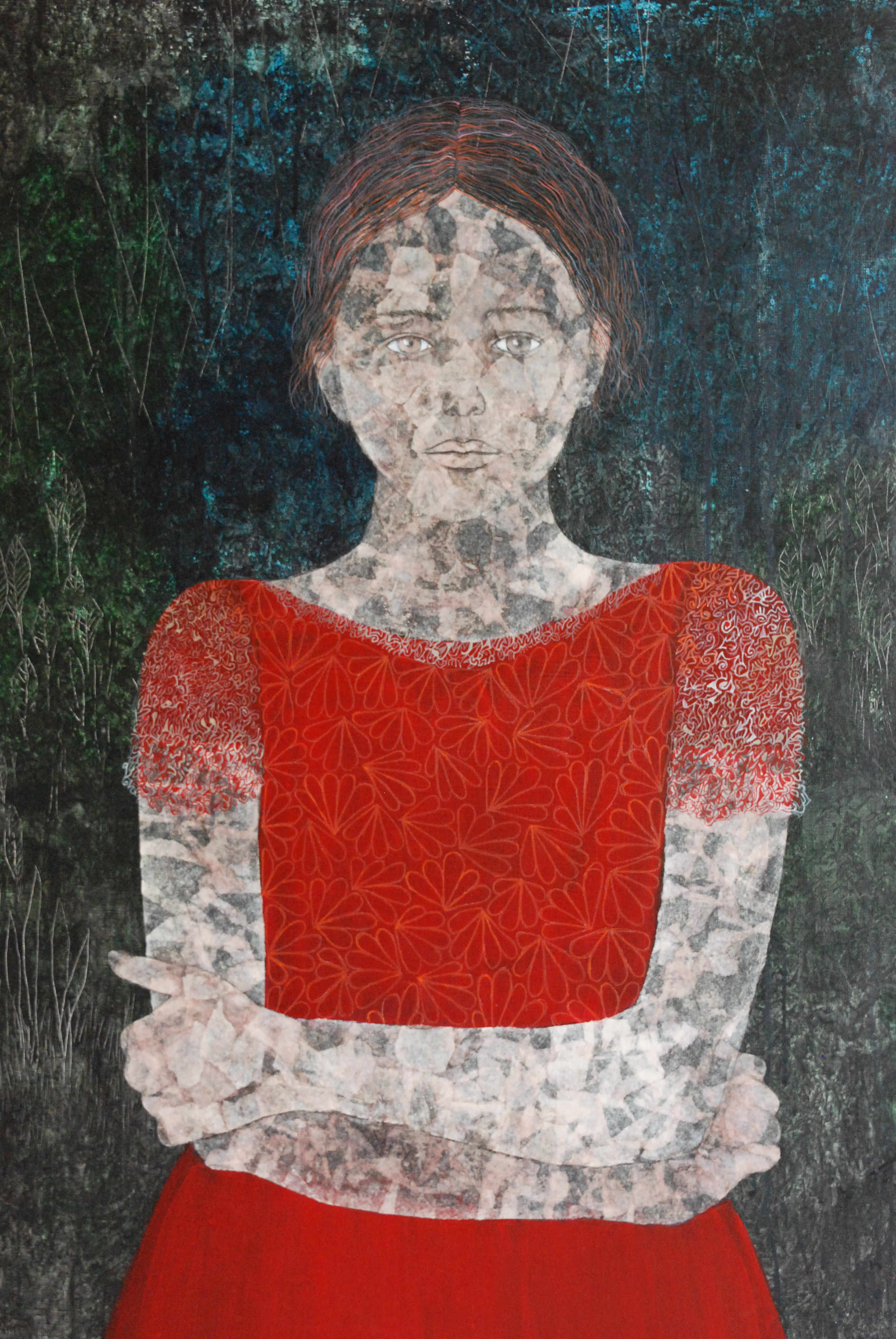 A painting of a woman in a red dress and a man in a green dress.