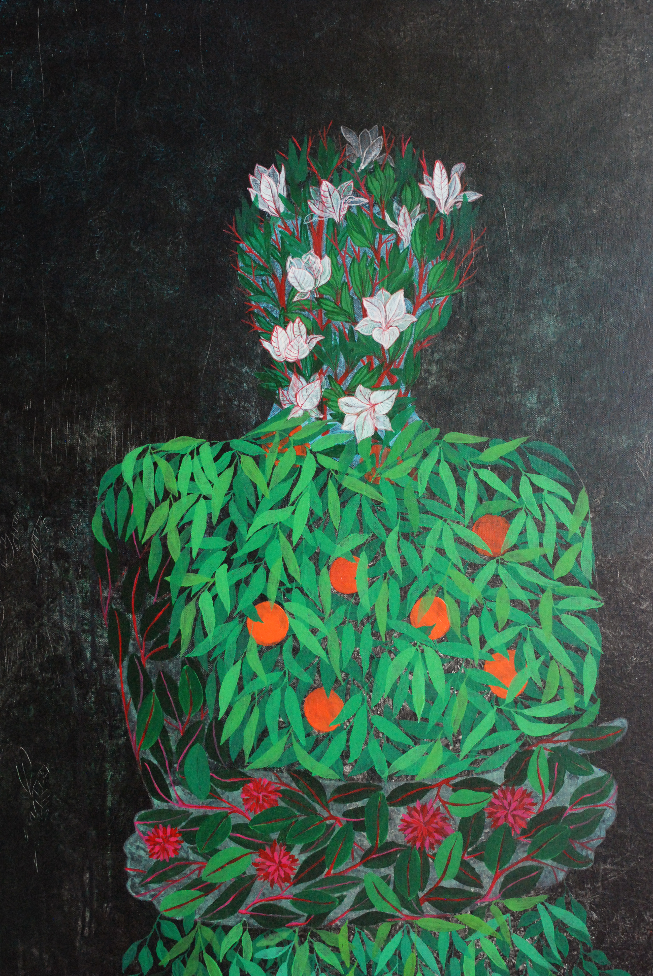 A painting of a woman in a red dress and a man in a green dress.