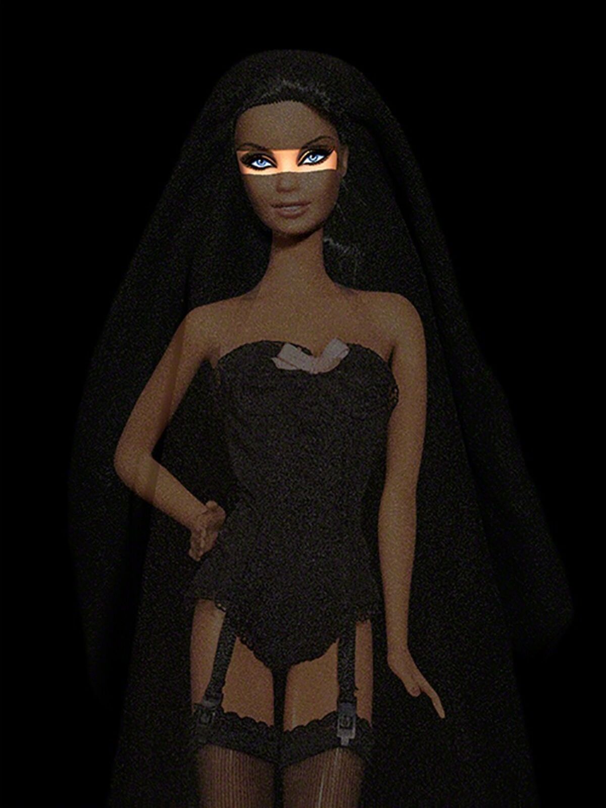 A barbie doll wearing a black corset and stockings.