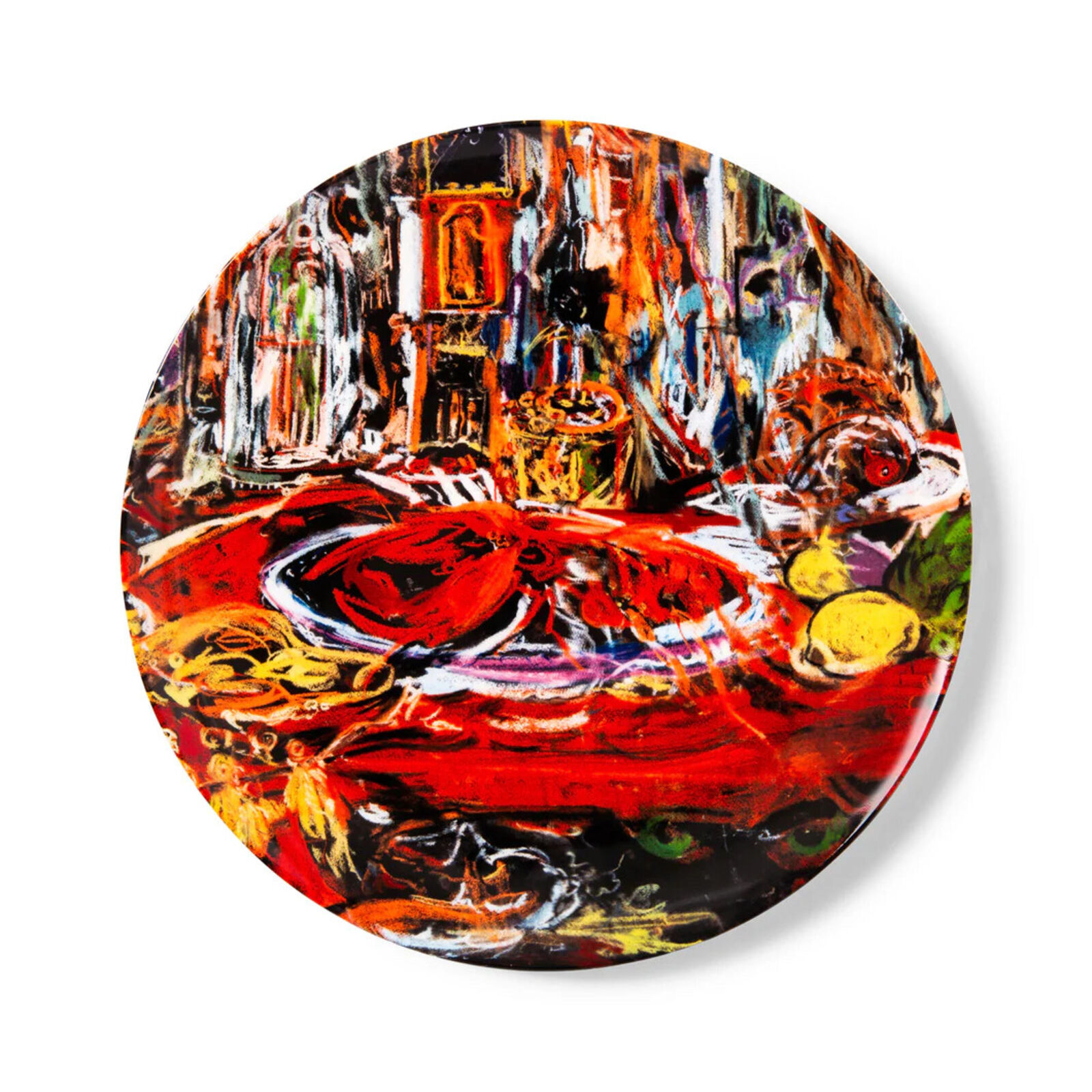 A painting of a red plate with a painting on it.