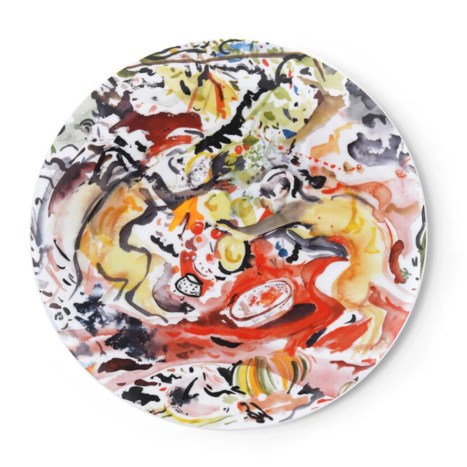 A colorful plate with a painting on it. 