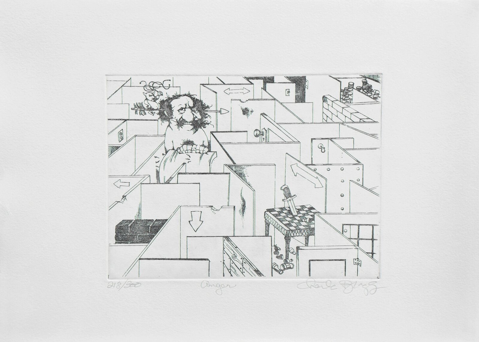A drawing of a man in a maze with a chess board.