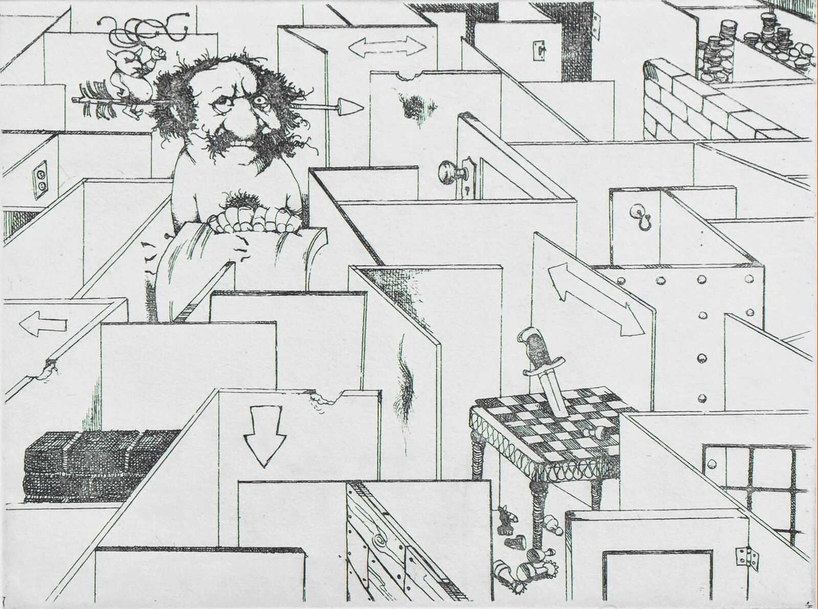 A drawing of a man in a maze with a chess board.