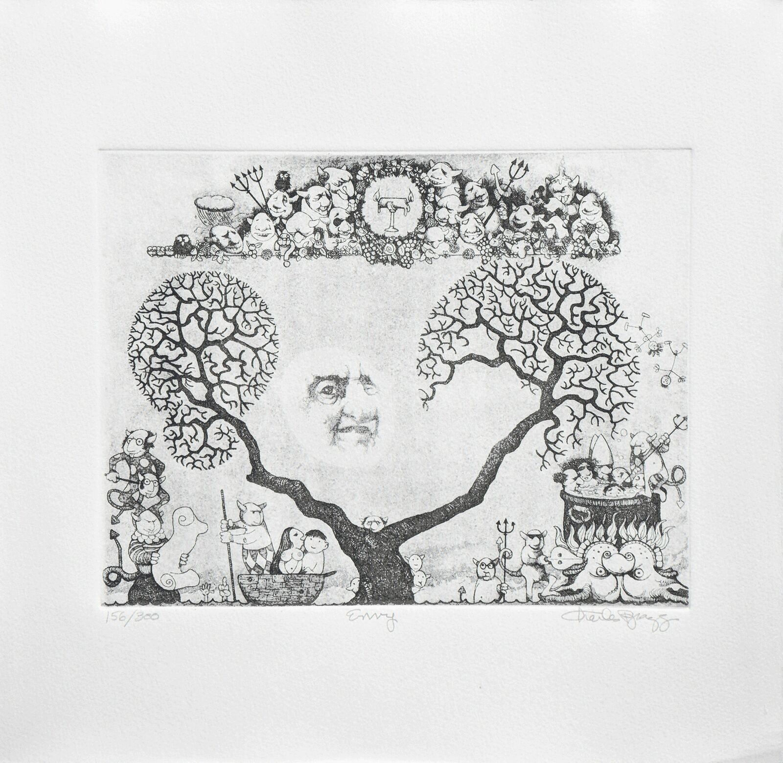 A drawing of a tree with a face in the middle of it.