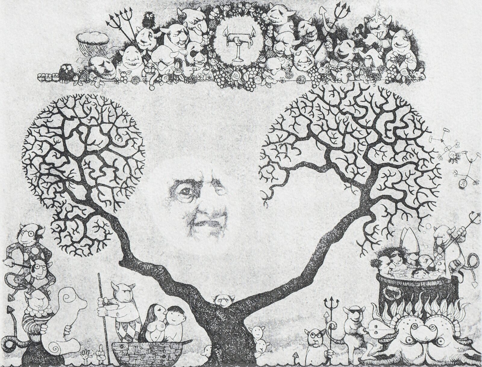 A drawing of a tree with a face in the middle of it.