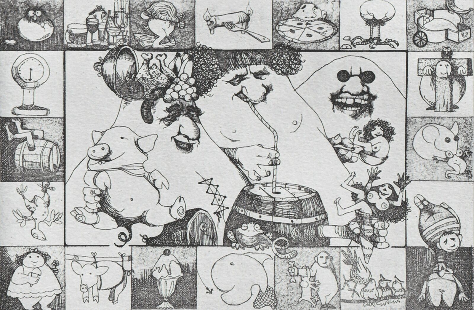 A black and white drawing of a collage of cartoon characters.