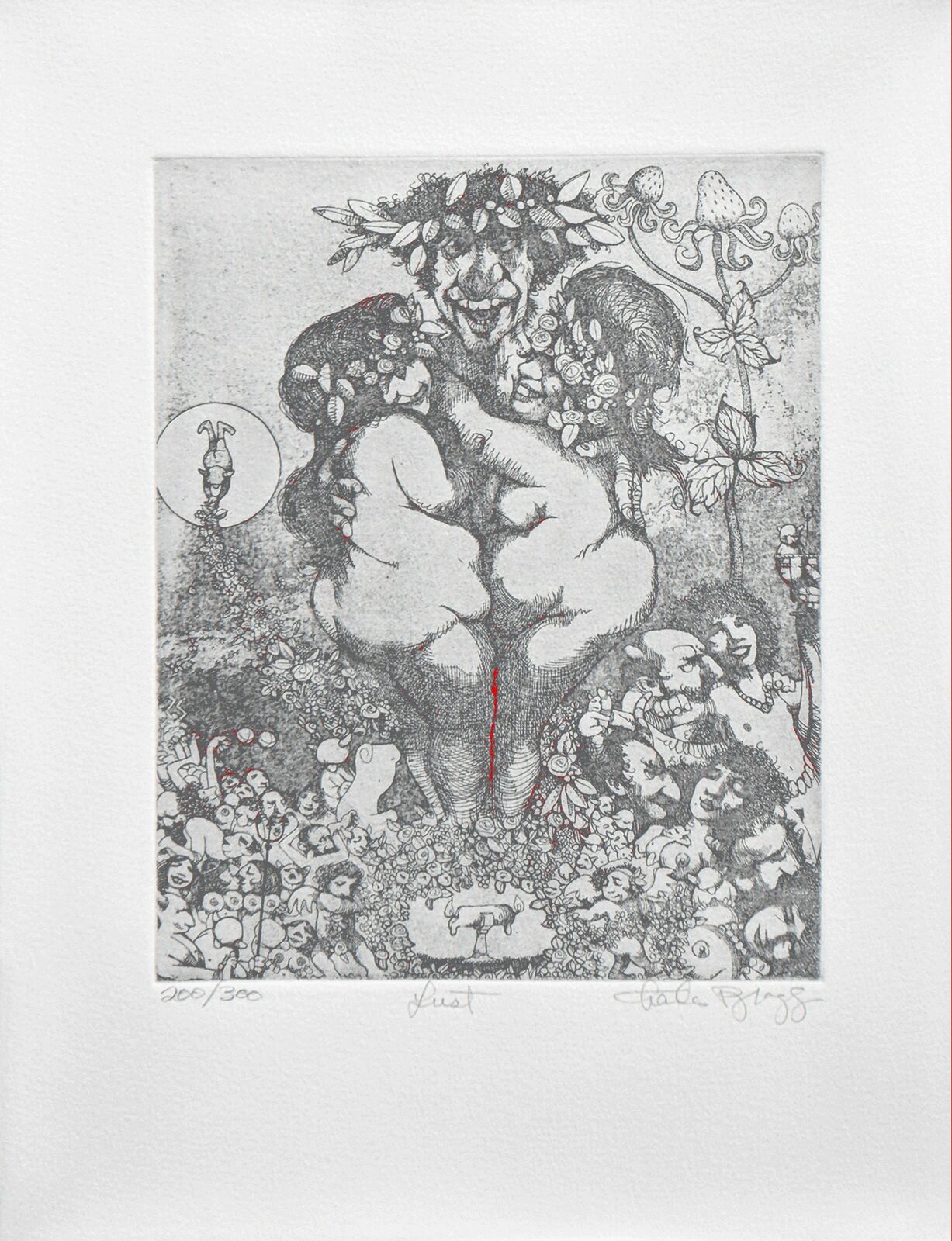 A black and white drawing of a man holding a child in his arms.